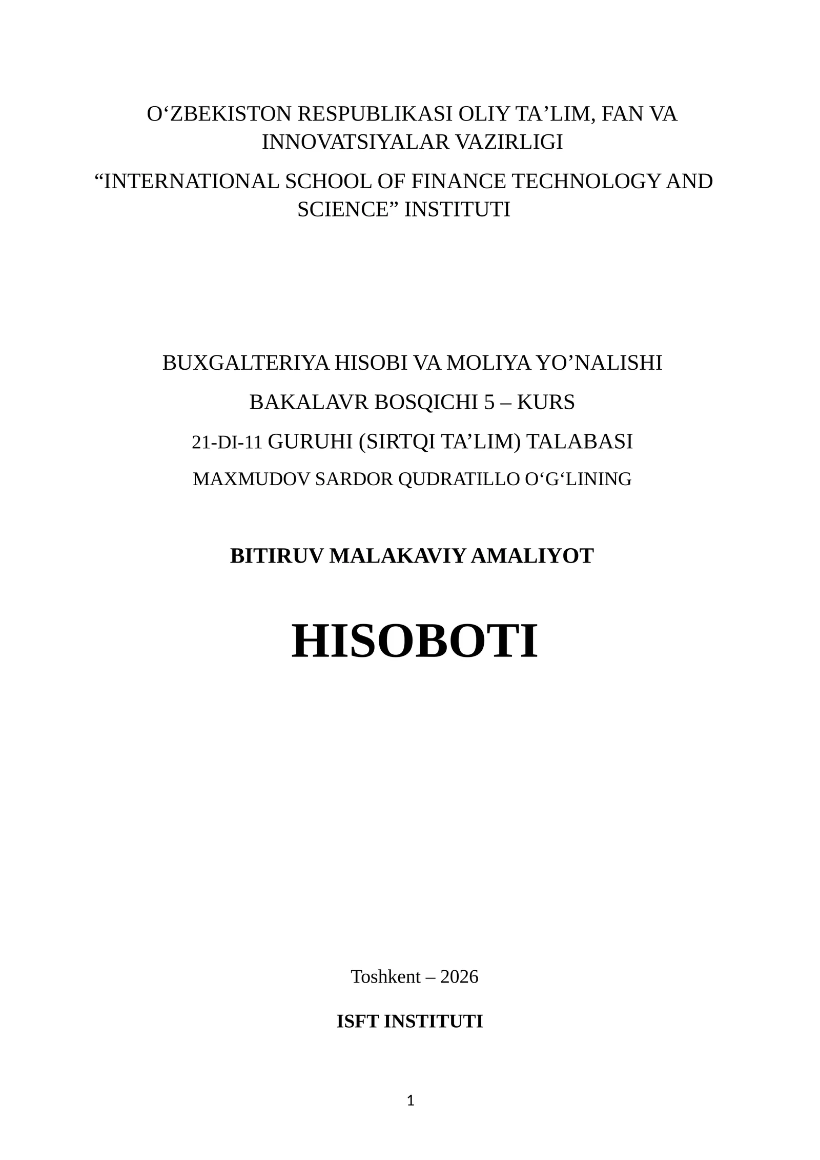 QANDOLATCHILIKDA AMALIYOT OʻTAGANLAR UCHUN.BITIRUV MALAKAVIY AMALIYOT HISOBOTI