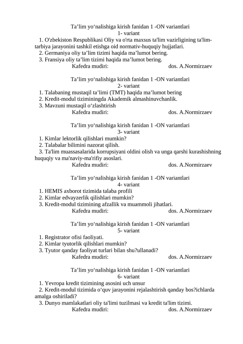 Ta’lim yo‘nalishiga kirish fanidan 1 -ON variantlari