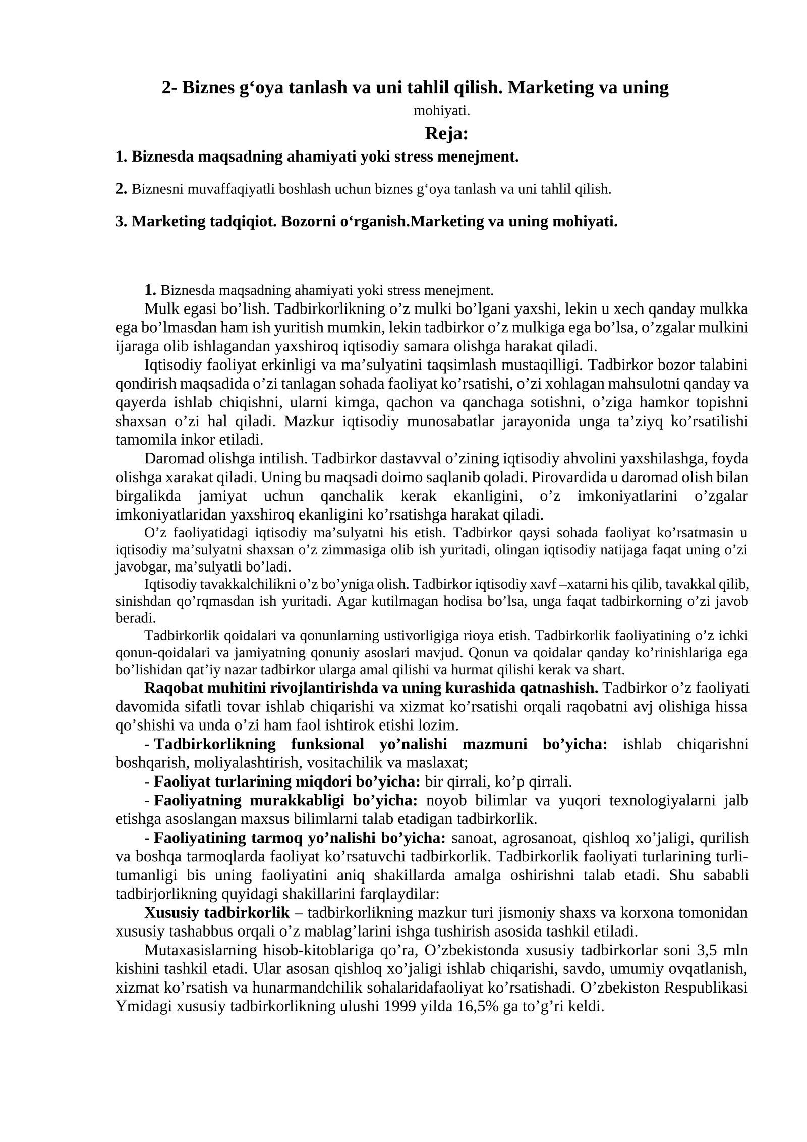 Biznes g‘oya tanlash va uni tahlil qilish. Marketing va uning mohiyati