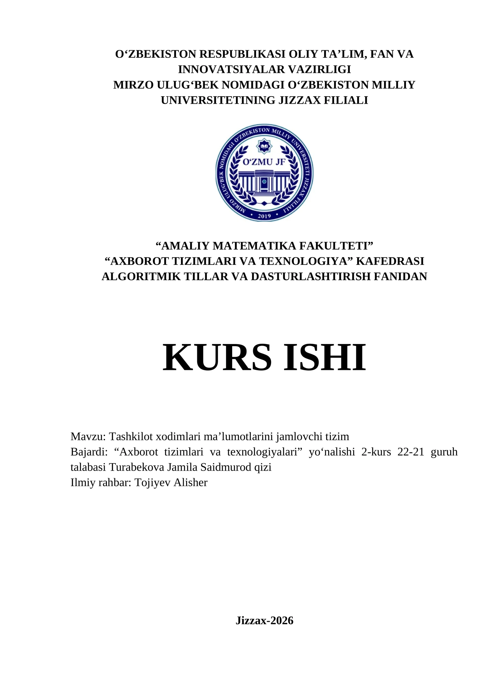 Tashkilot xodimlari ma’lumotlarini jamlovchi tizim