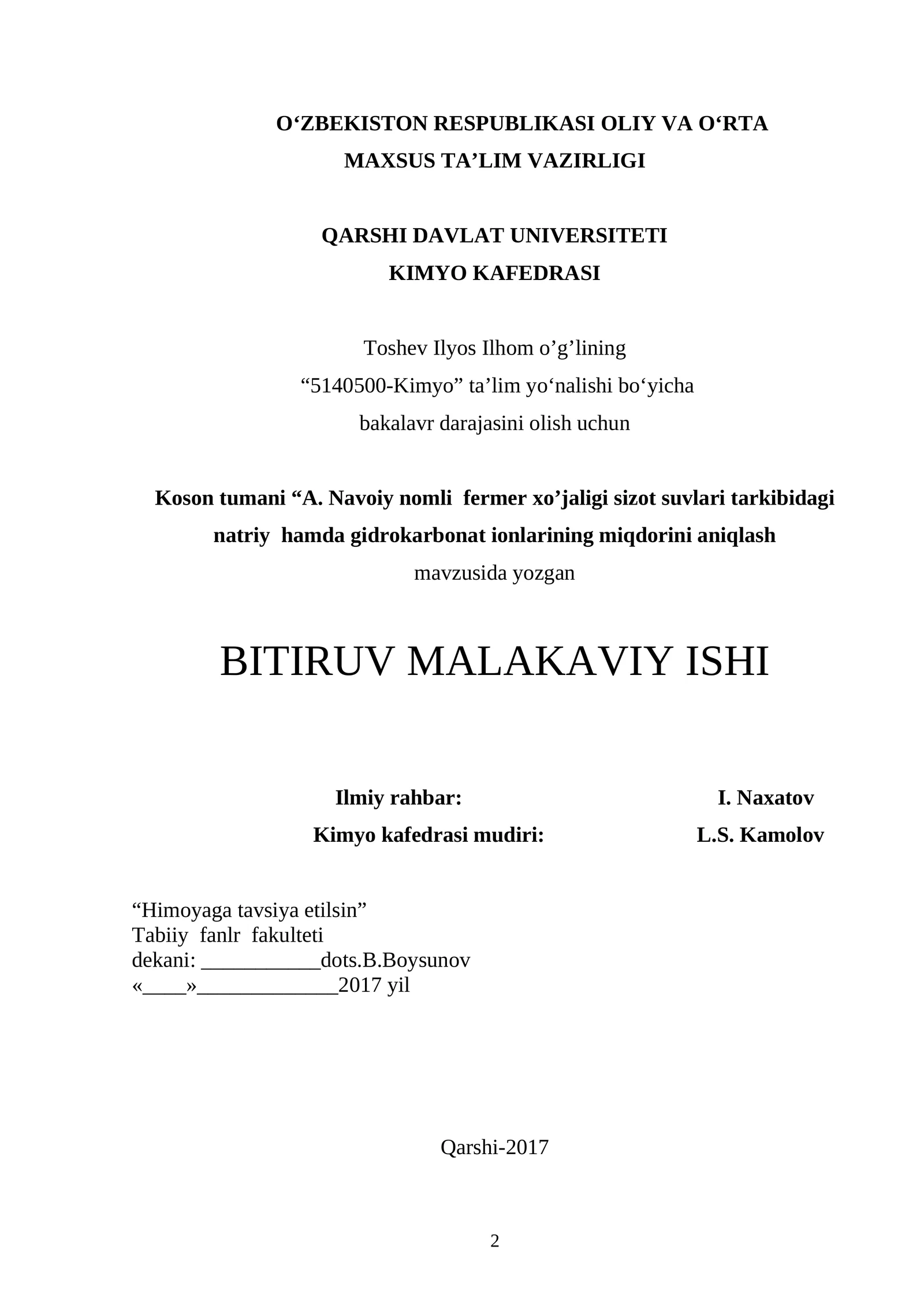 Koson tumani “A. Navoiy nomli fermer xo’jaligi sizot suvlari tarkibidagi natriy hamda gidrokarbonat ionlarining miqdorini aniqlash