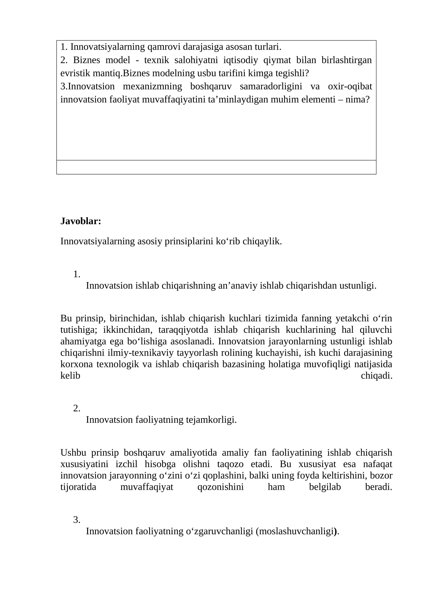 Innovatsiyalarning qamrovi darajasiga asosan turlari