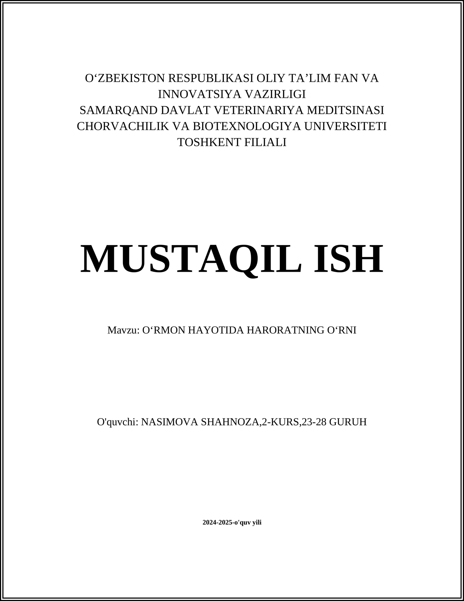 OʻRMON HAYOTIDA HARORATNING OʻRNI