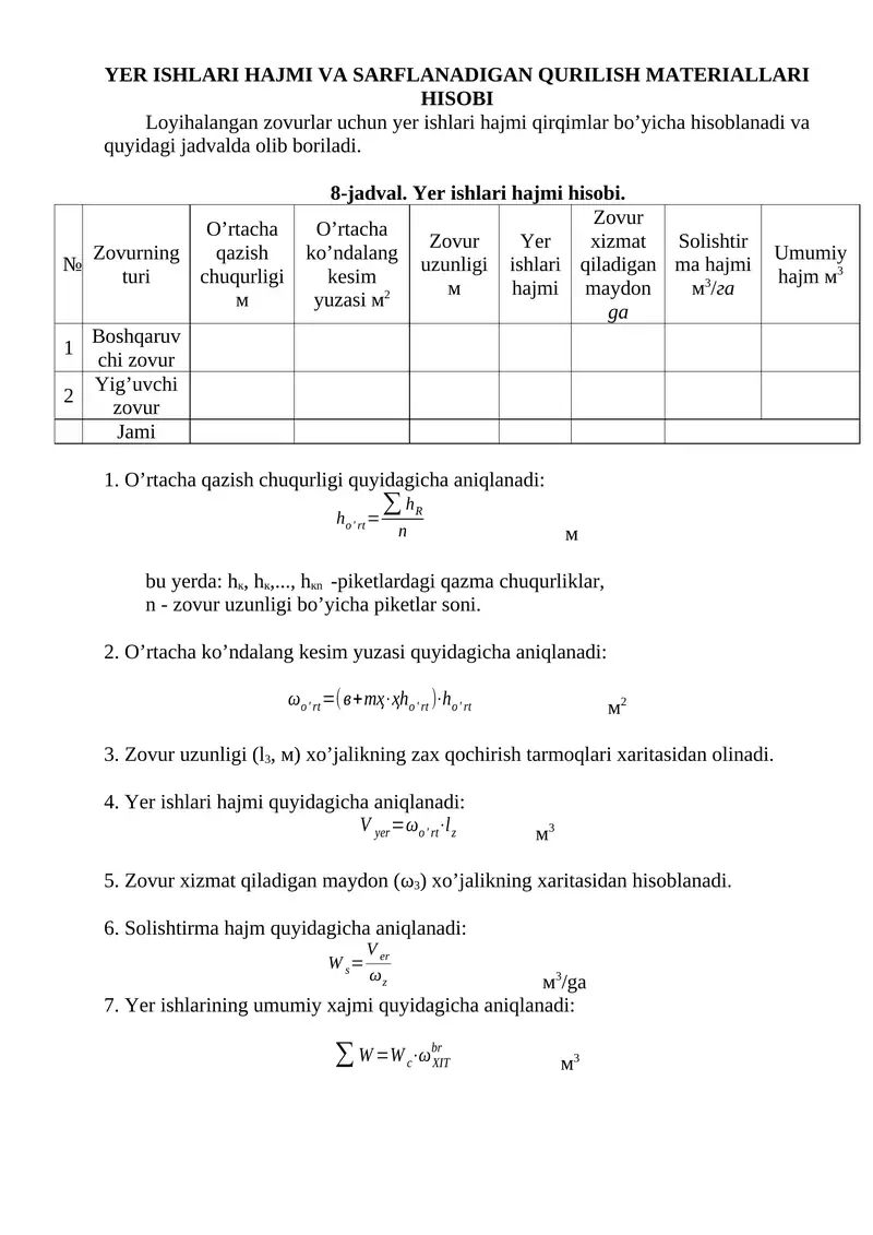 YER ISHLARI HAJMI VA SARFLANADIGAN QURILISH MATERIALLARI HISOBI