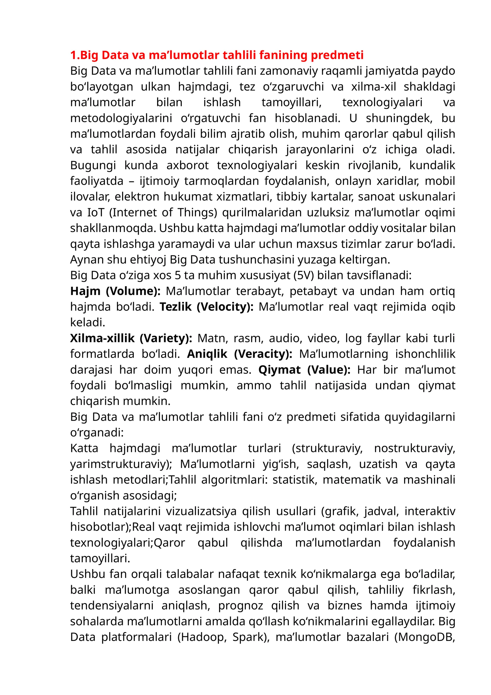 Big data va ma'lumotlar bazasi