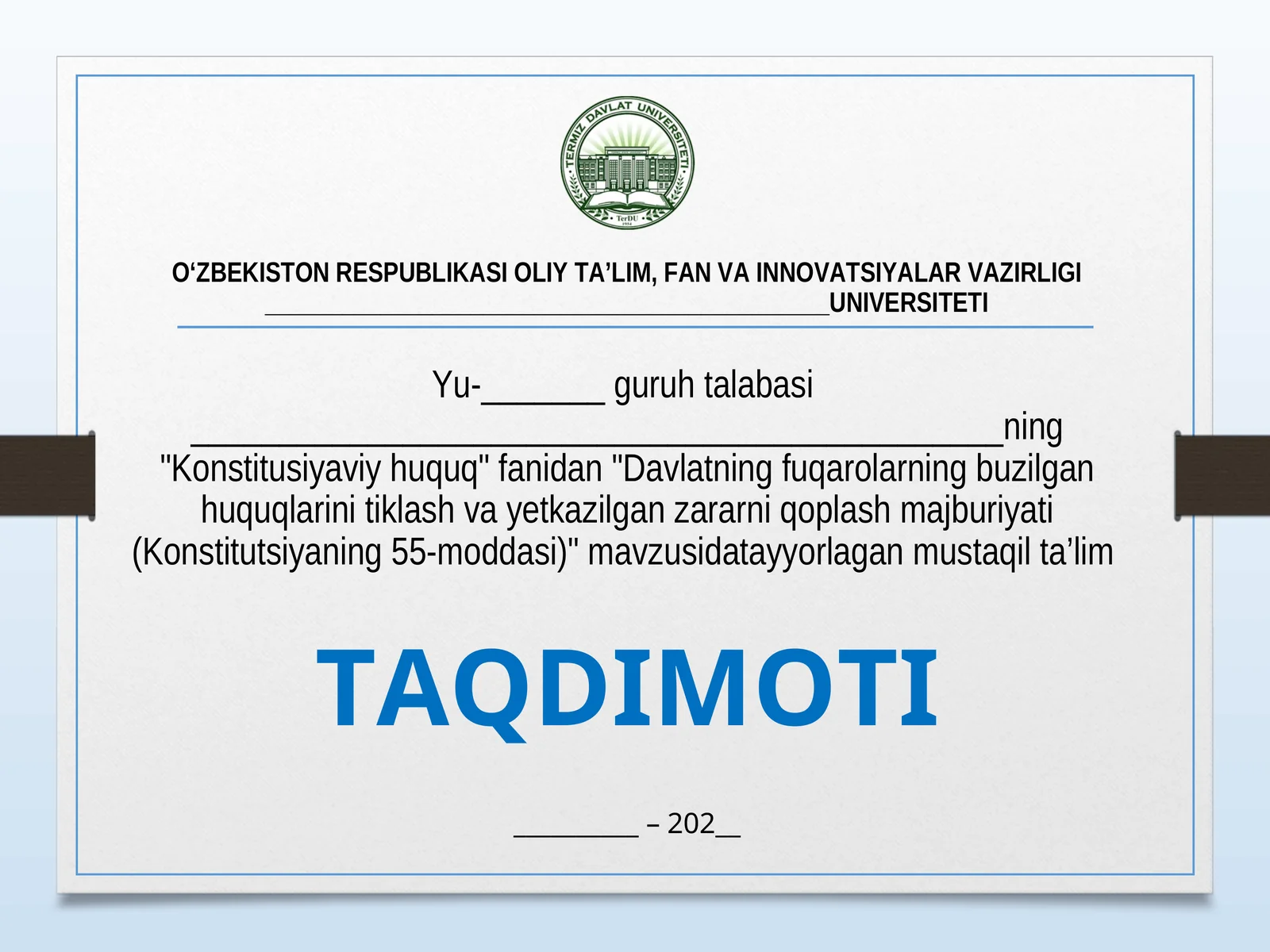 Konstitusiyaviy huquq fanidan Davlatning fuqarolarning buzilgan huquqlarini tiklash