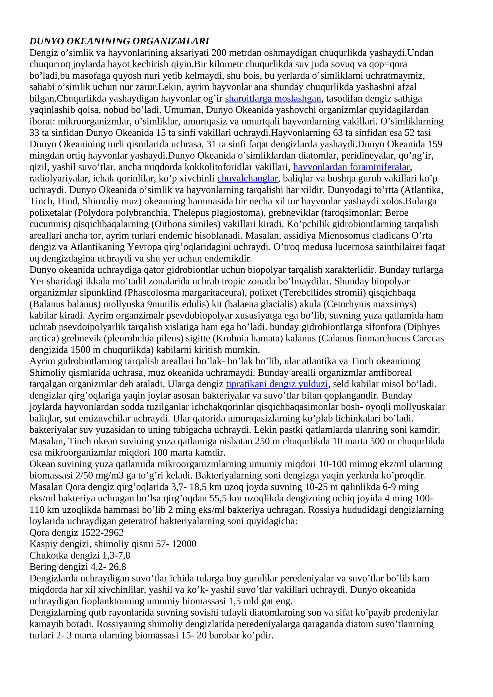 DUNYO OKEANINING ORGANIZMLARI