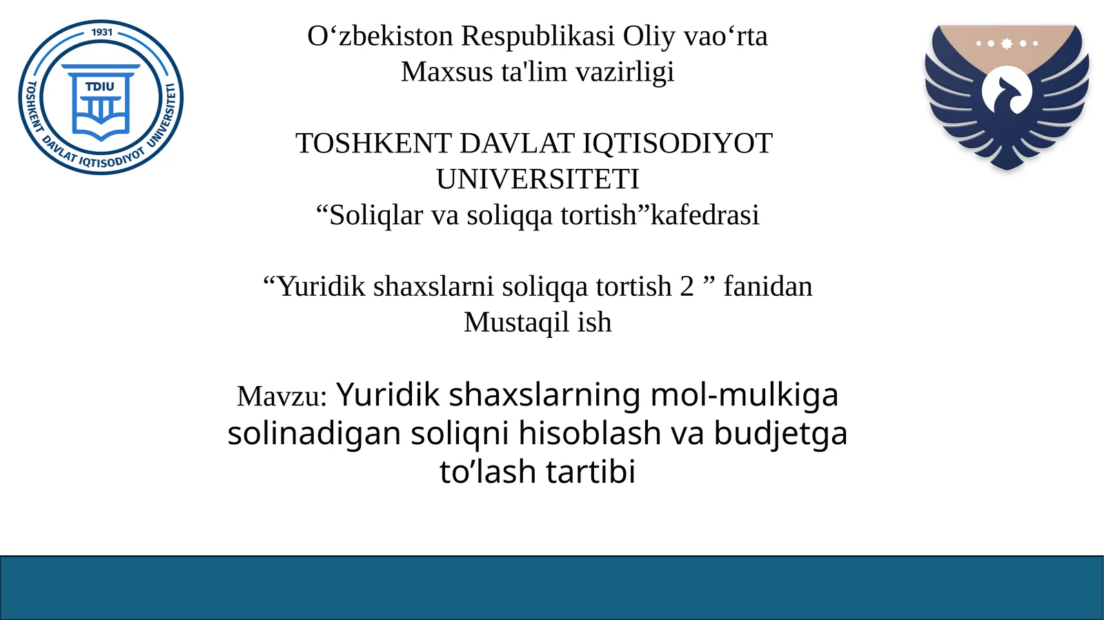 Yuridik shaxslarning mol-mulkiga solinadigan soliqni hisoblash va budjetga toʻlashtirish tartibi
