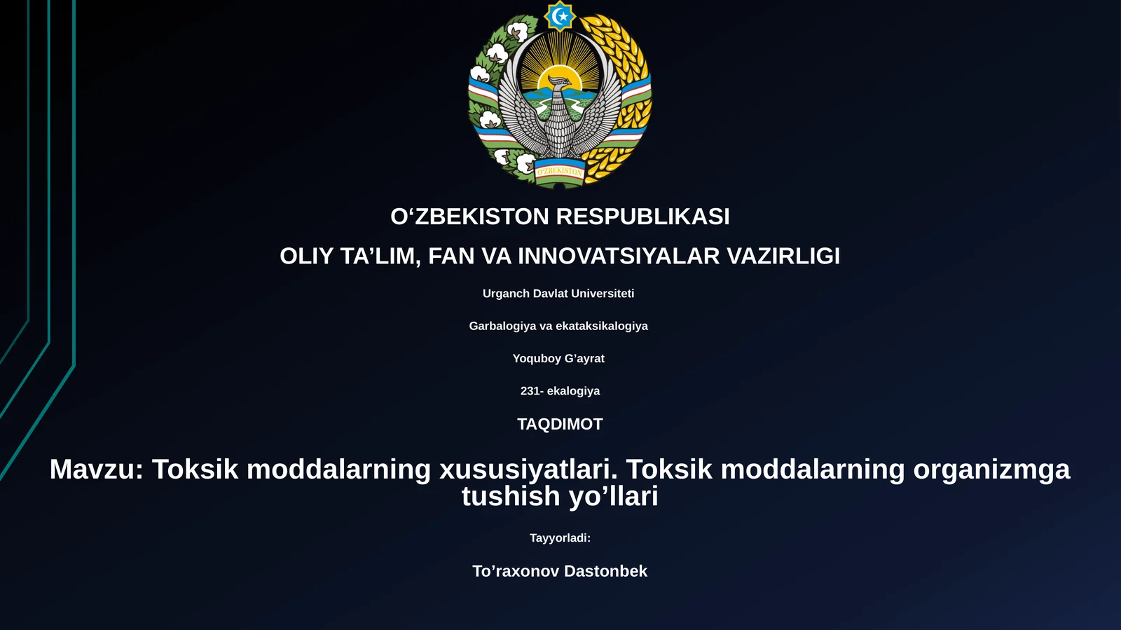 Toksik moddalarning xususiyatlari. Toksik moddalarning organizmga tushish yo’llari