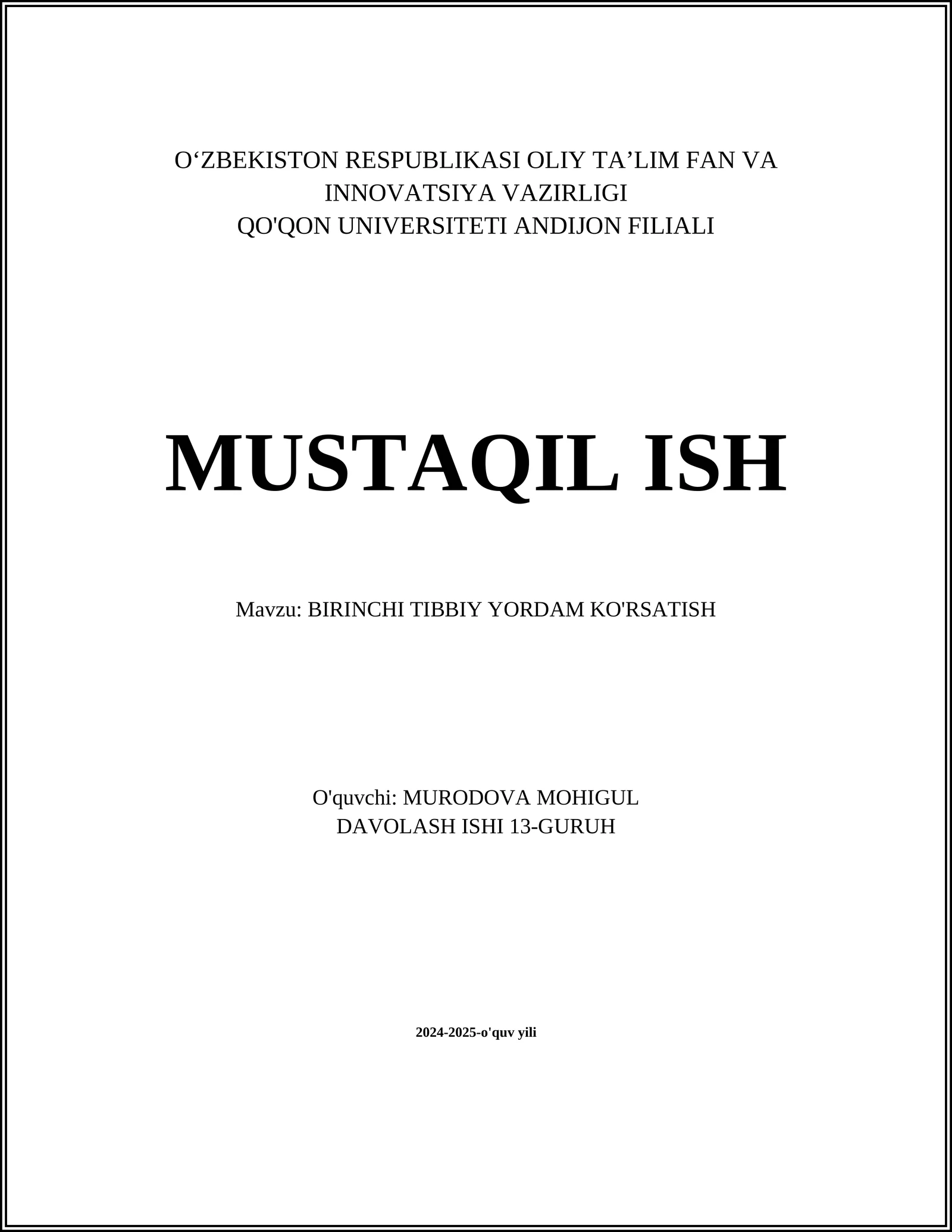 BIRINCHI TIBBIY YORDAM KO'RSATISH
