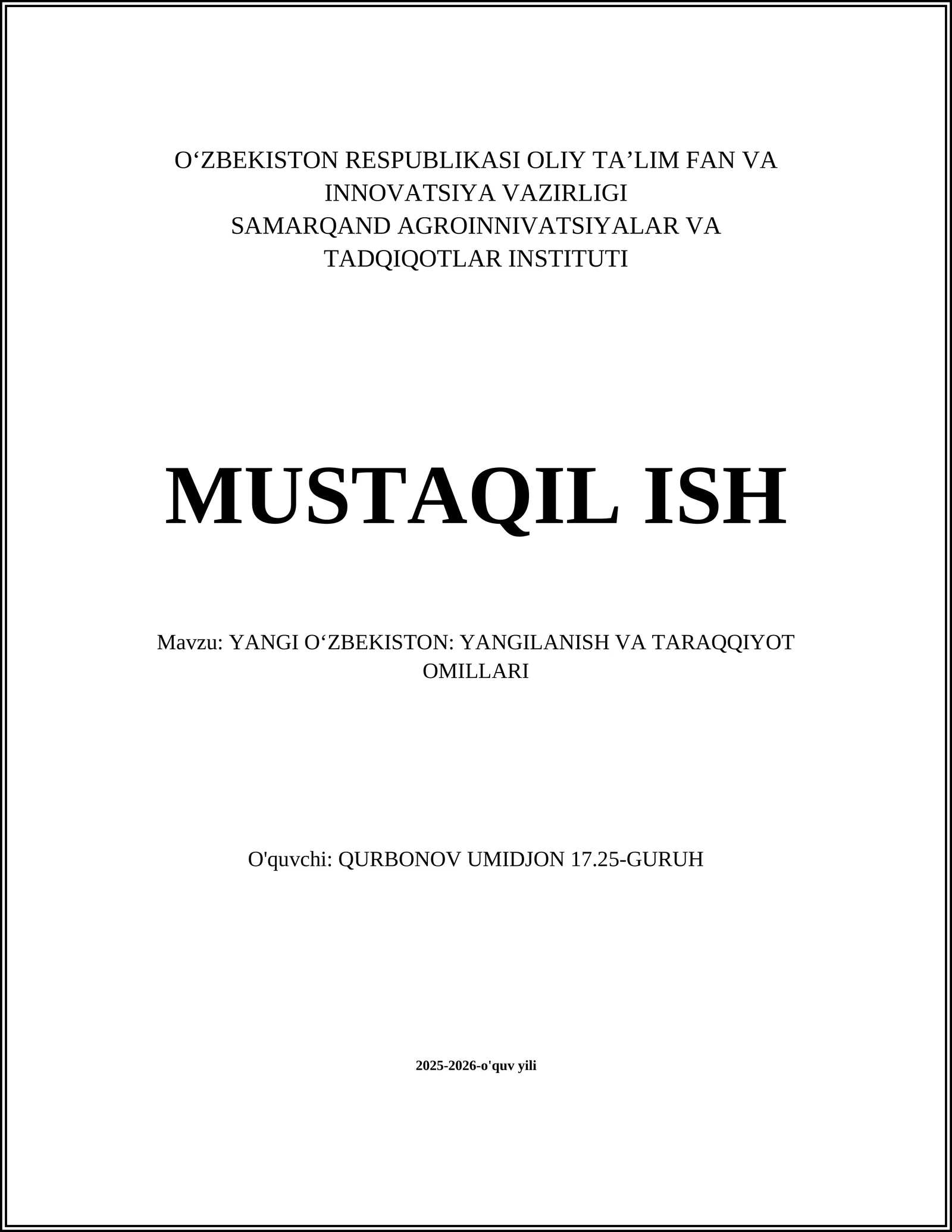 YANGI OʻZBEKISTON: YANGILANISH VA TARAQQIYOT OMILLARI