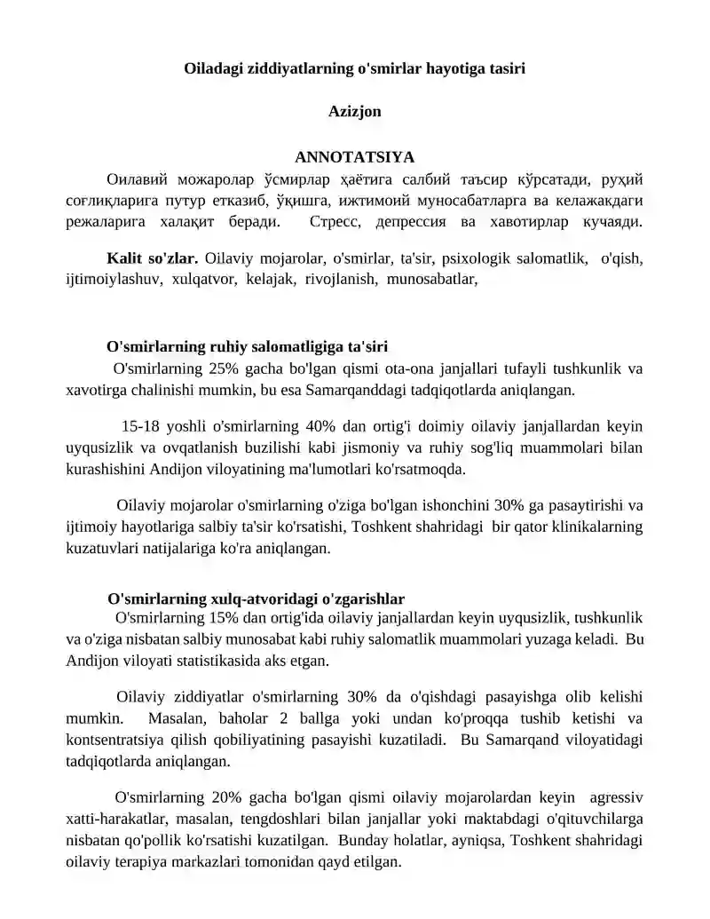 Oiladagi ziddiyatlarning o'smirlar hayotiga tasiri