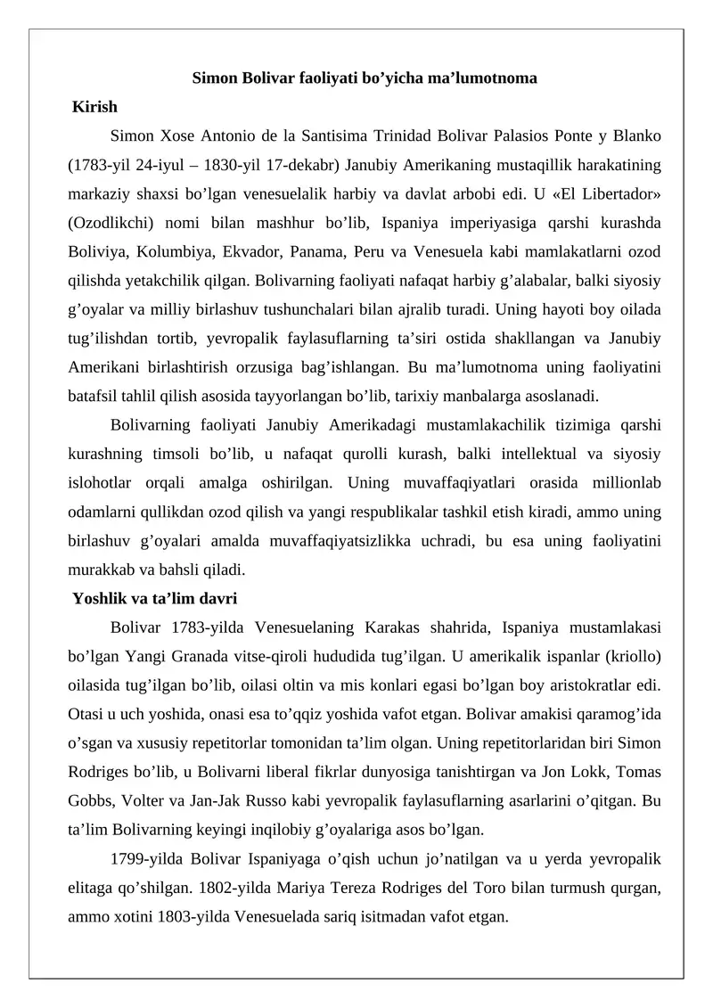 Simon Bolivar faoliyati bo’yicha ma’lumotnoma