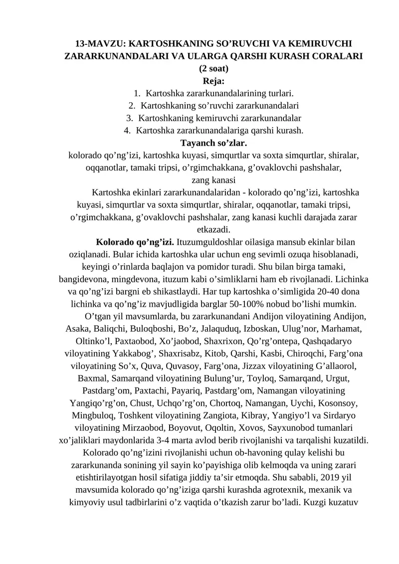 KARTOSHKANING SO’RUVCHI VA KEMIRUVCHI ZARARKUNANDALARI VA ULARGA QARSHI KURASH CORALARI