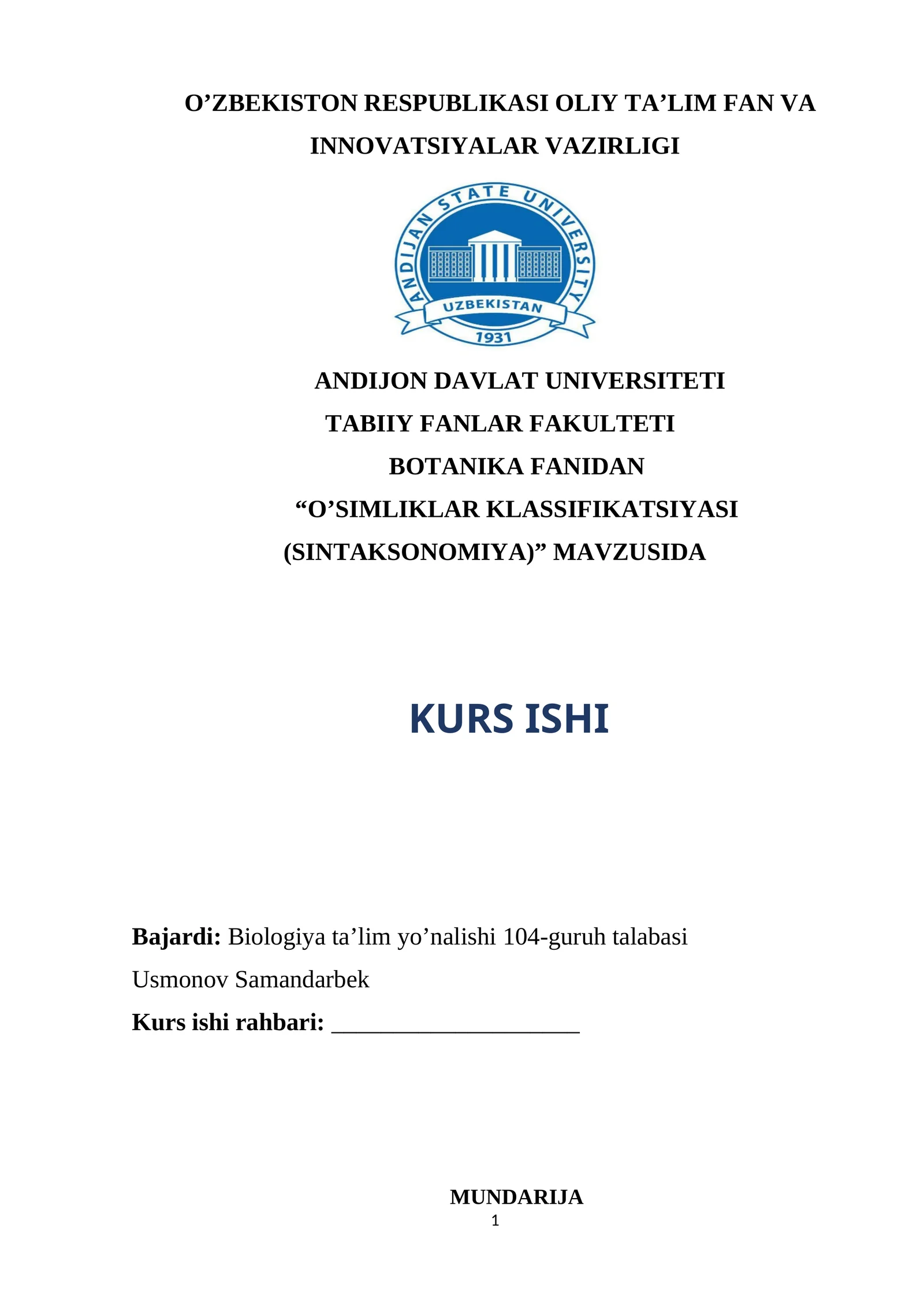 “o’simliklar klassifikatsiyasi (sintaksonomiya)” MAVZUSIDA KURS ISHI