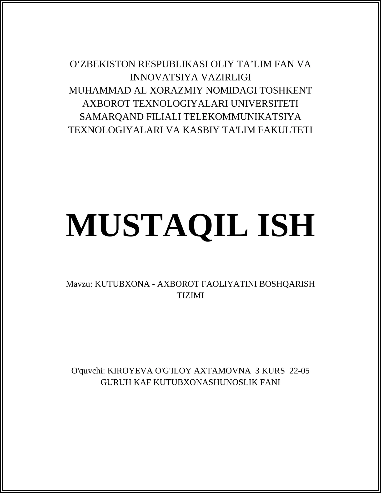 KUTUBXONA - AXBOROT FAOLIYATINI BOSHQARISH TIZIMI