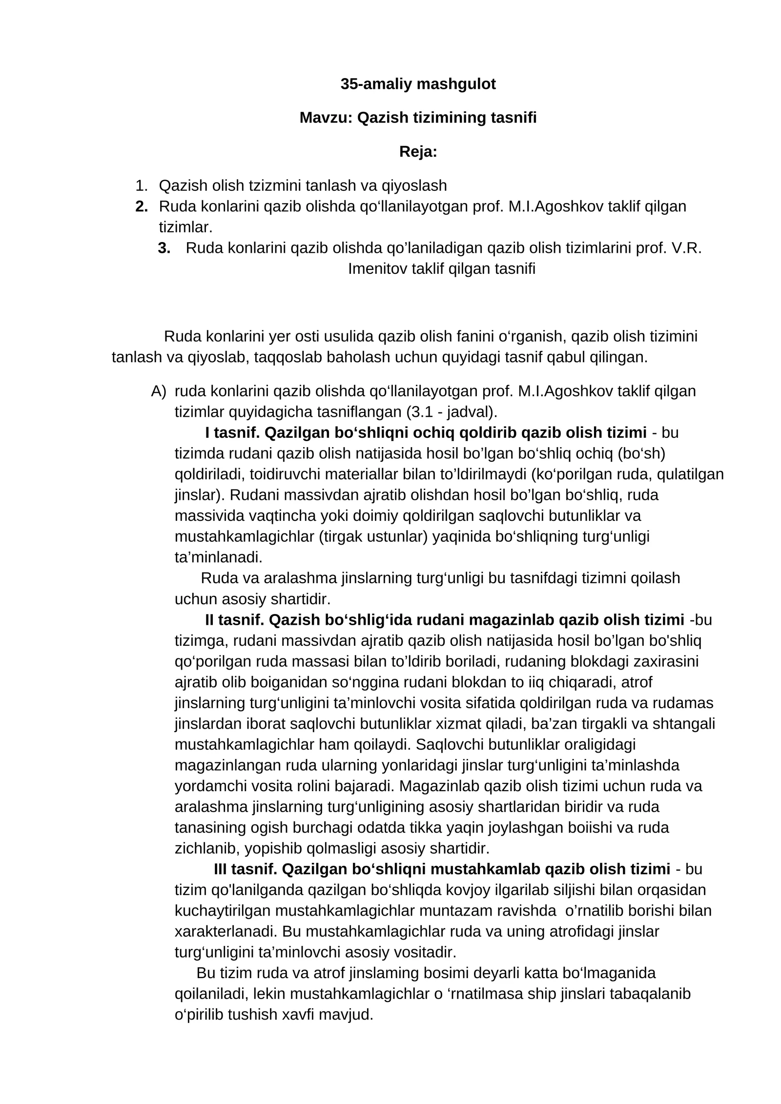 Qazish tizimining tasnifi
