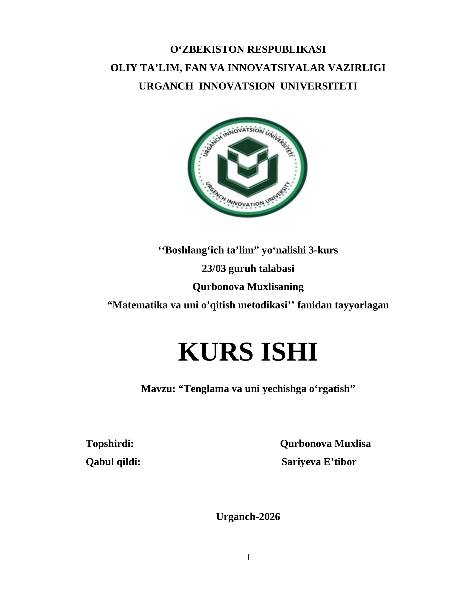 Tenglama va uni yechishga oʻrgatish