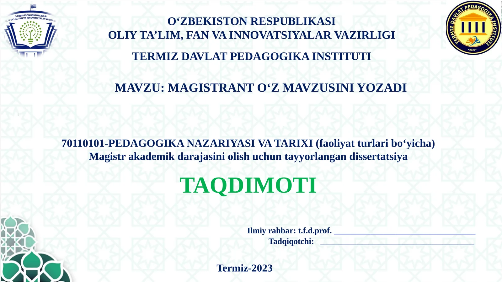 MAGISTRANT O‘Z MAVZUSINI YOZADI