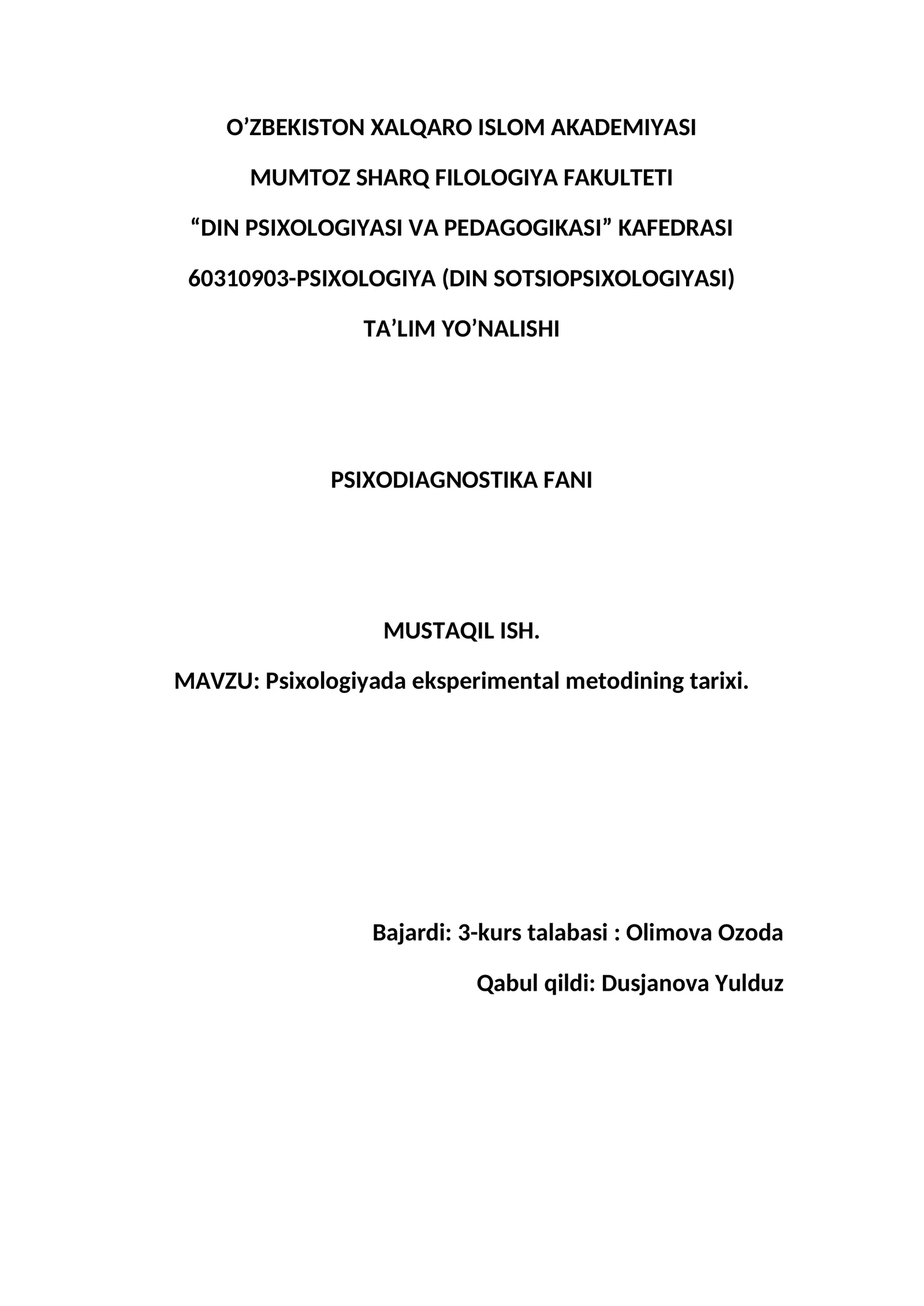 Psixologiyada eksperimental metodining tarixi