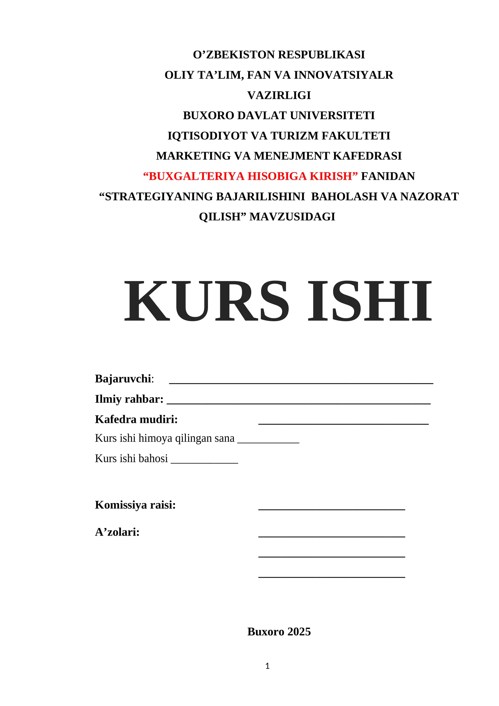 STRATEGIYANING BAJARILISHINI  BAHOLASH VA NAZORAT QILISH