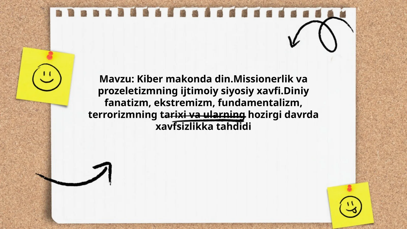 Kiber makonda din.Missionerlik va prozeletizmning ijtimoiy siyosiy xavfi.Diniy fanatizm, ekstremizm, fundamentalizm, terrorizmning tarixi va ularning hozirgi davrda xavfsizlikka tahdidi