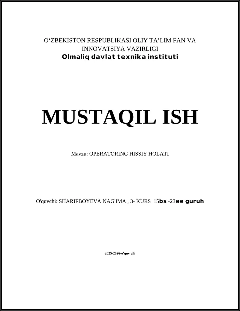 OPERATORING HISSIY HOLATI