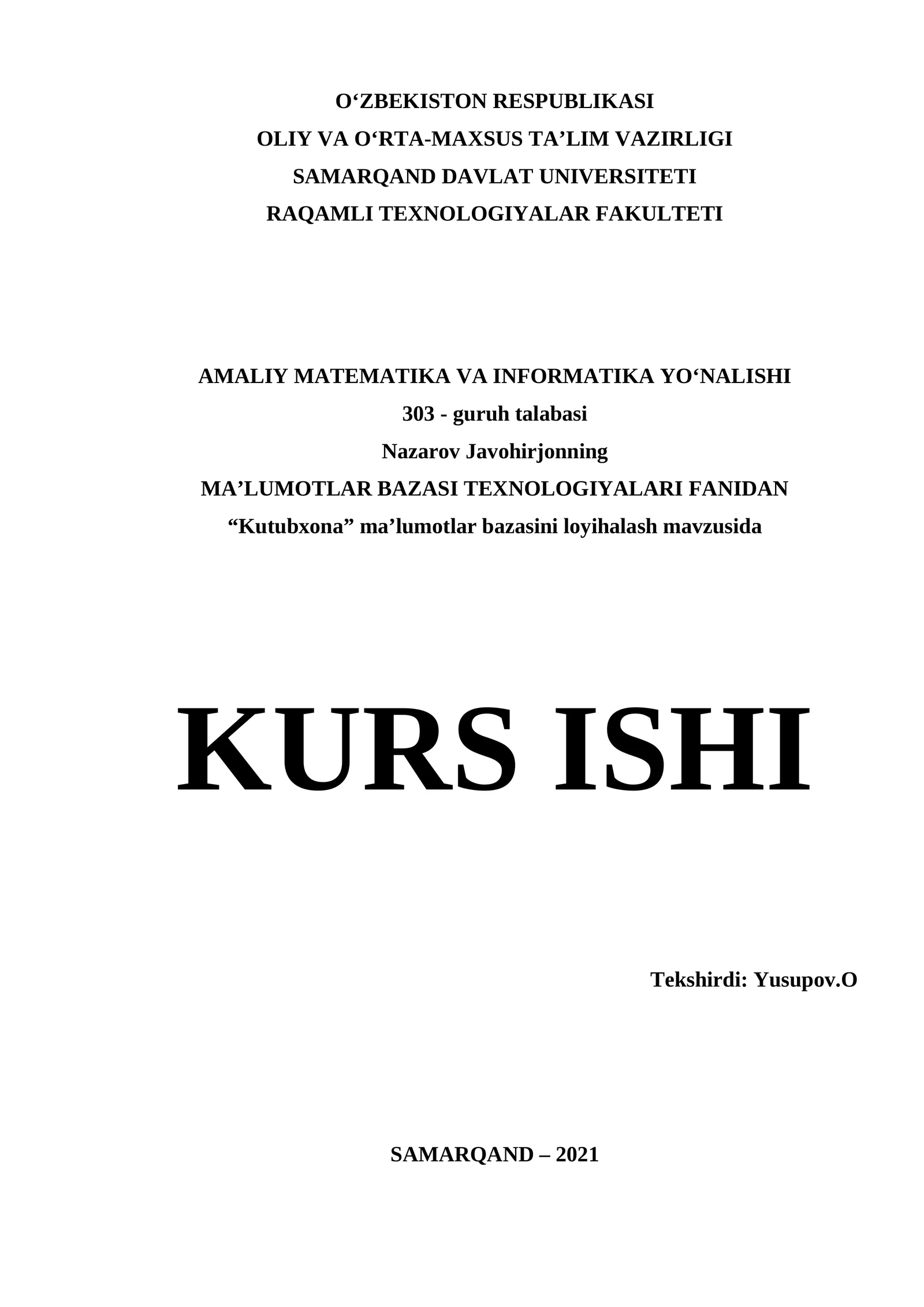 “Kutubxona” ma’lumotlar bazasini loyihalash mavzusida