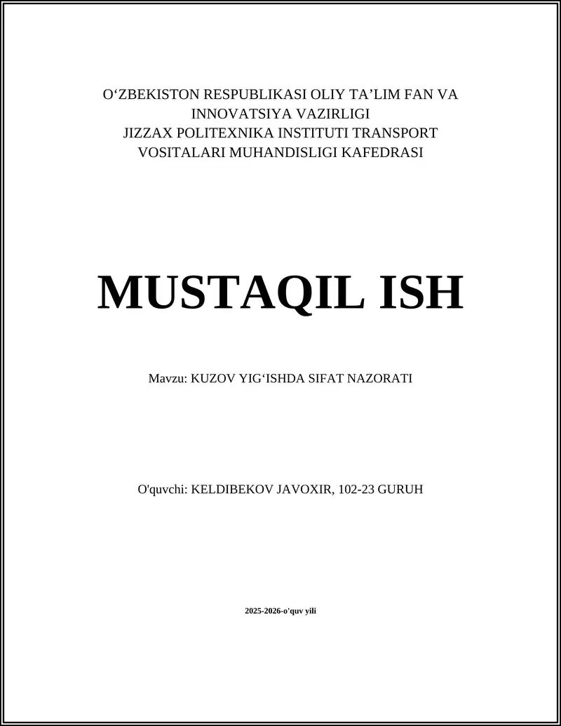 KUZOV YIG‘ISHDA SIFAT NAZORATI