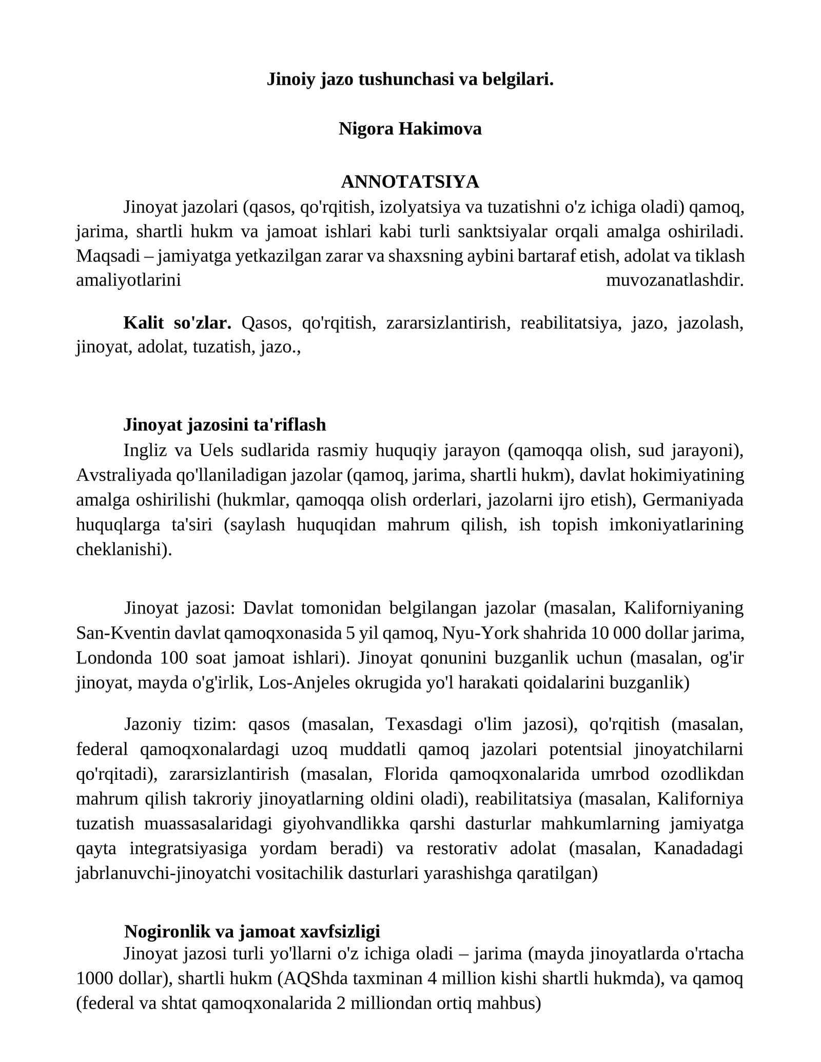 Jinoiy jazo tushunchasi va belgilari