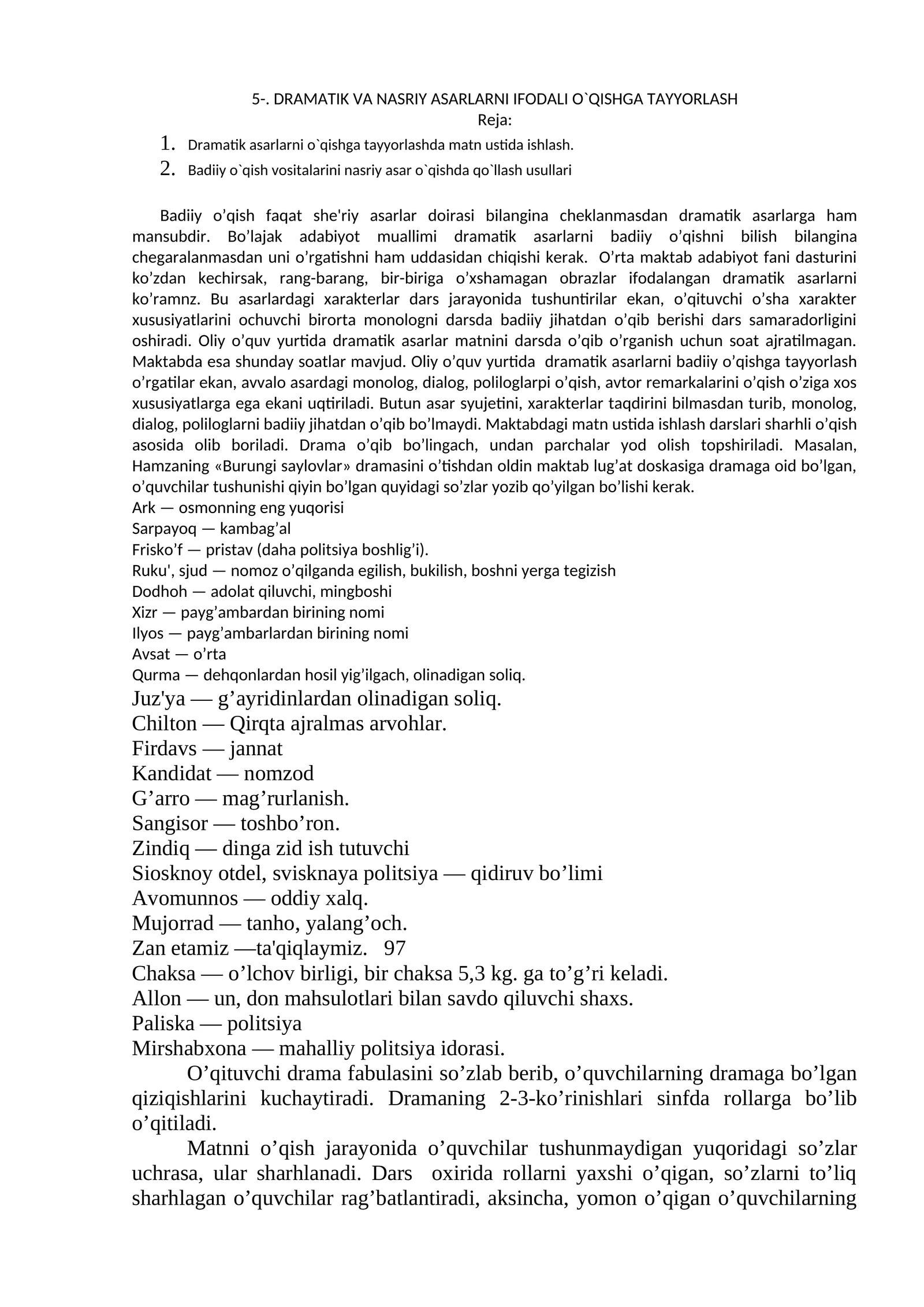 DRAMATIK VA NASRIY ASARLARNI IFODALI O`QISHGA TAYYORLASH