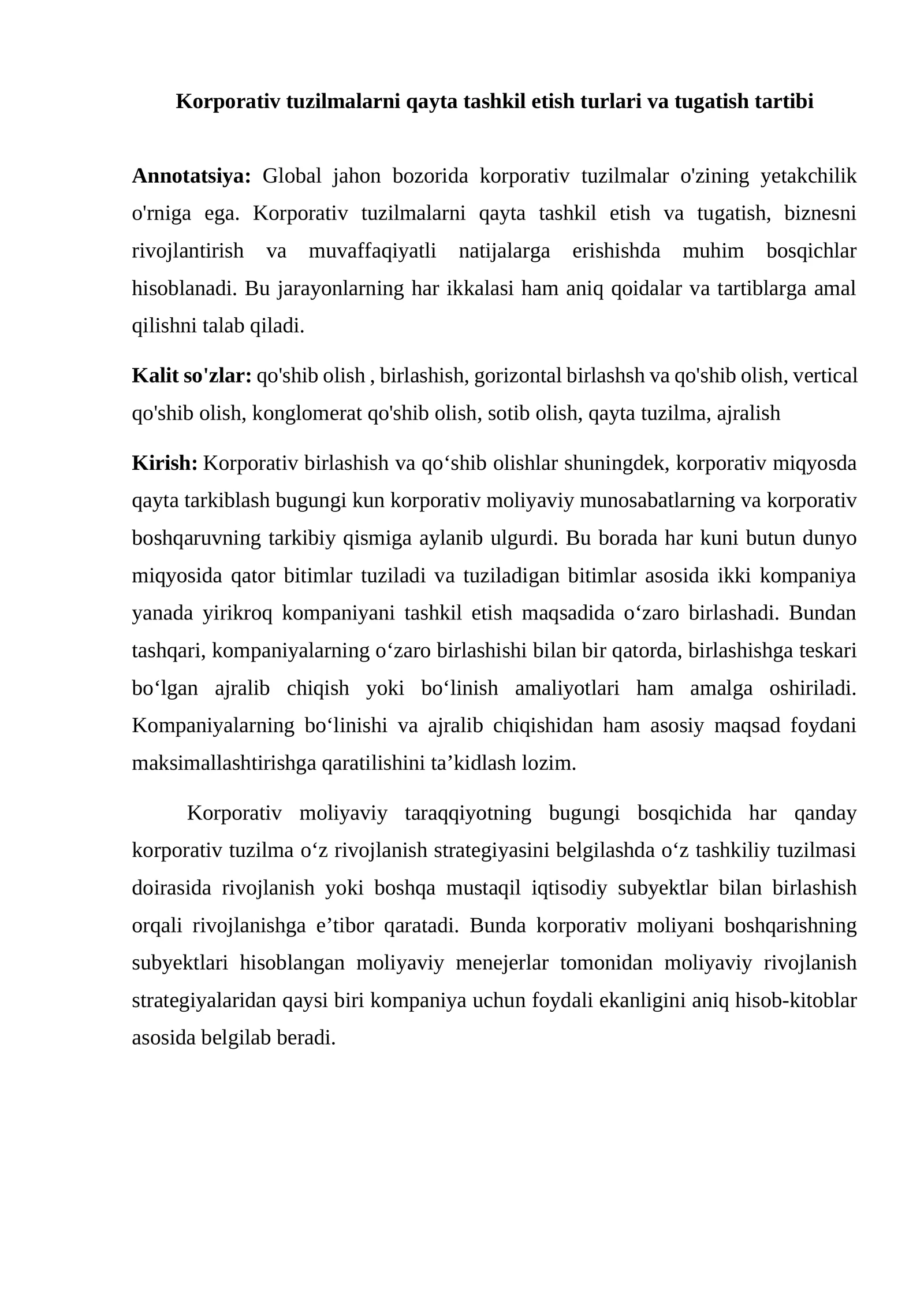 Korporativ tuzilmalarni qayta tashkil etish turlari va tugatish tartibi