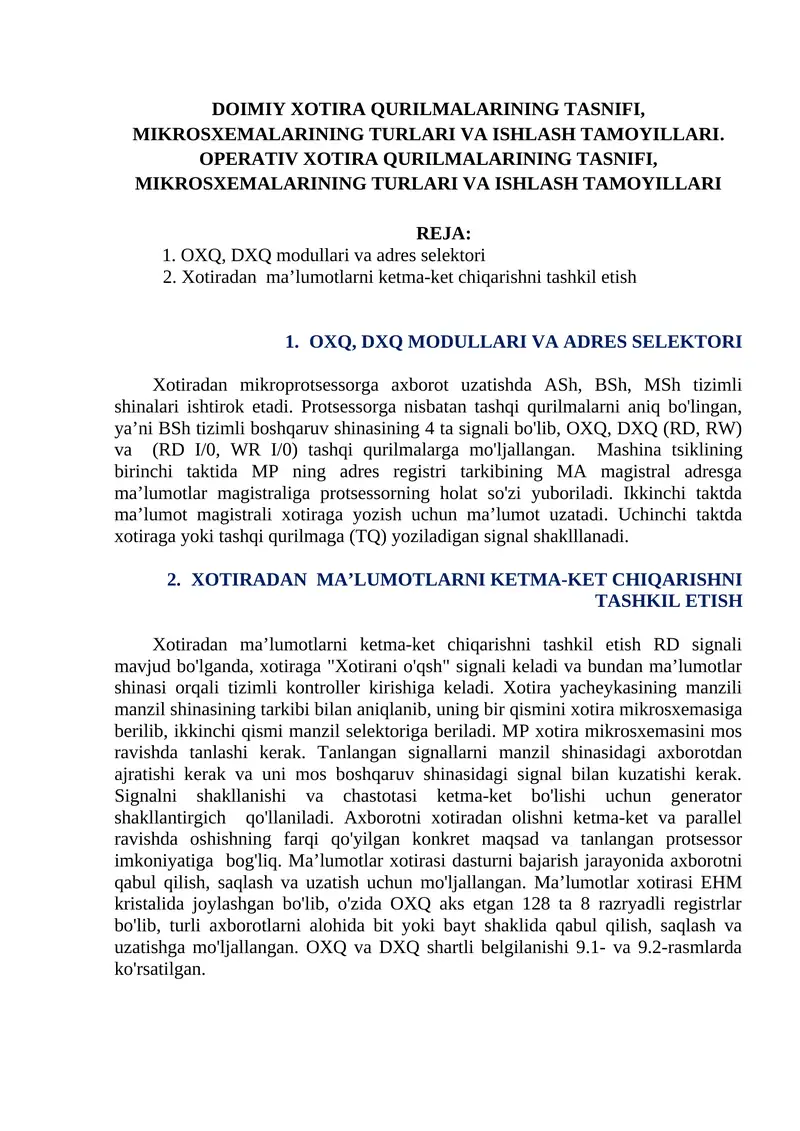 OXQ, DXQ MODULLARI VA ADRES SELEKTORI