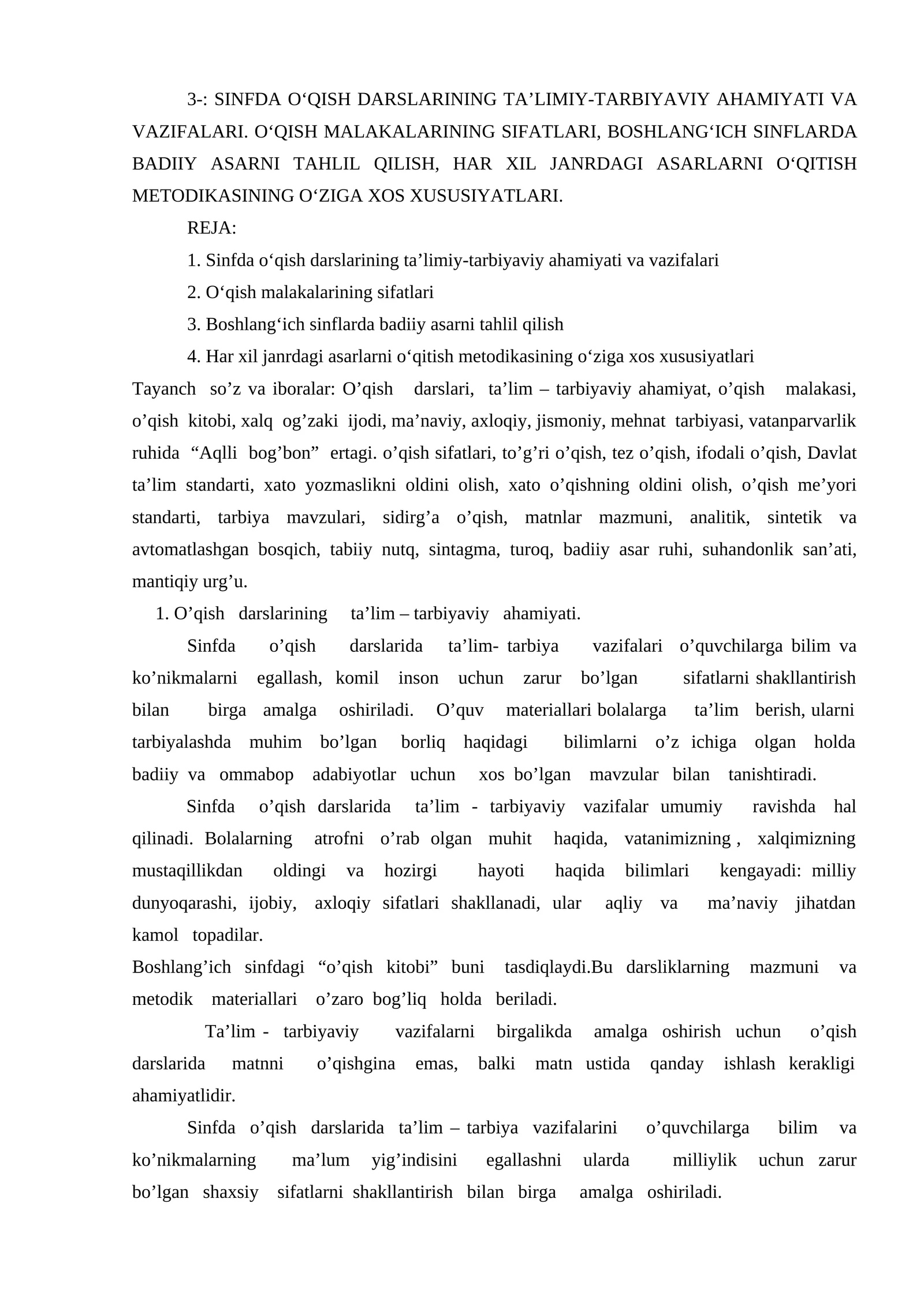 O‘QISH DARSLARINING TA’LIMIY-TARBIYAVIY AHAMIYATI VA VAZIFALARI