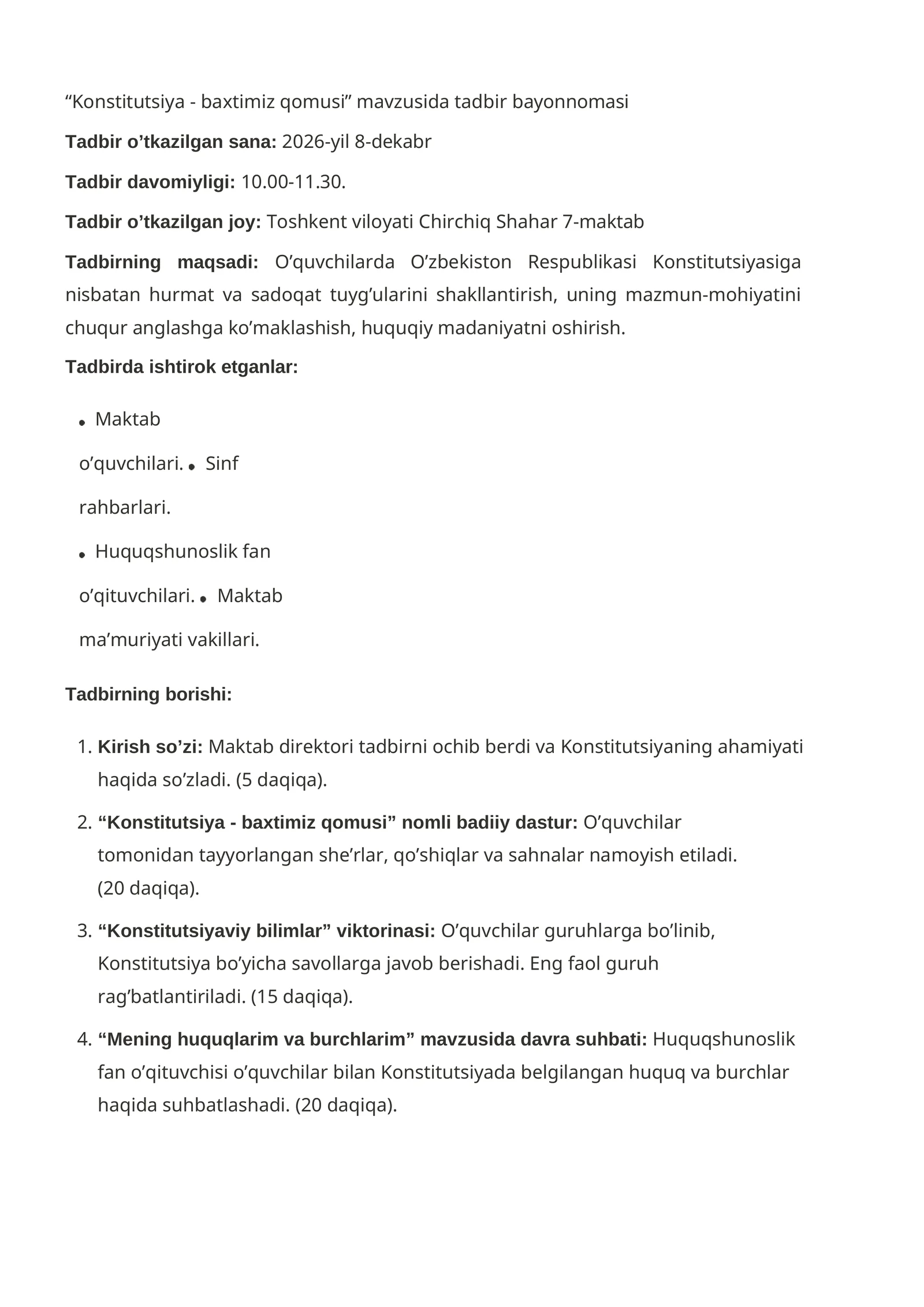 O'zbekiston Respublikasi Konstitutsiyasi bayrami uchun bayonnoma