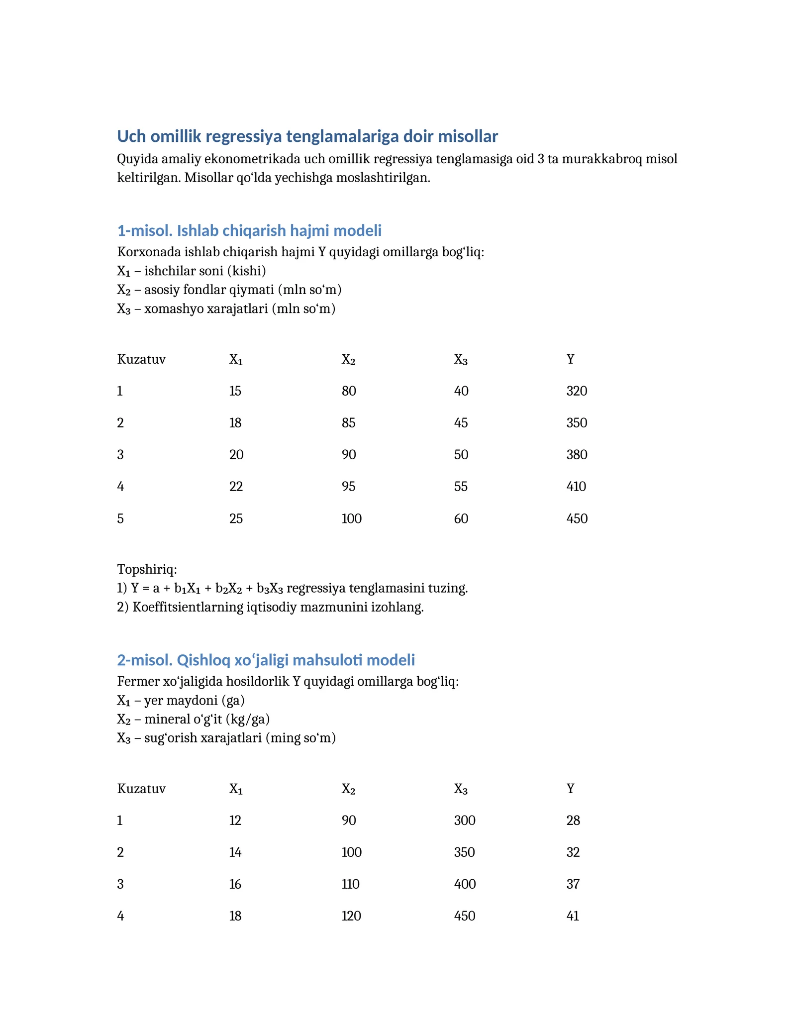 Uch omillik regressiya tenglamalariga doir misollar