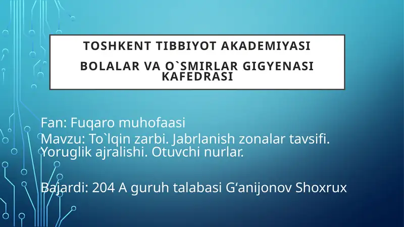 To`lqin zarbi. Jabrlanish zonalari tavsifi. Yoruglik ajralishi. Otuvchi nurlar