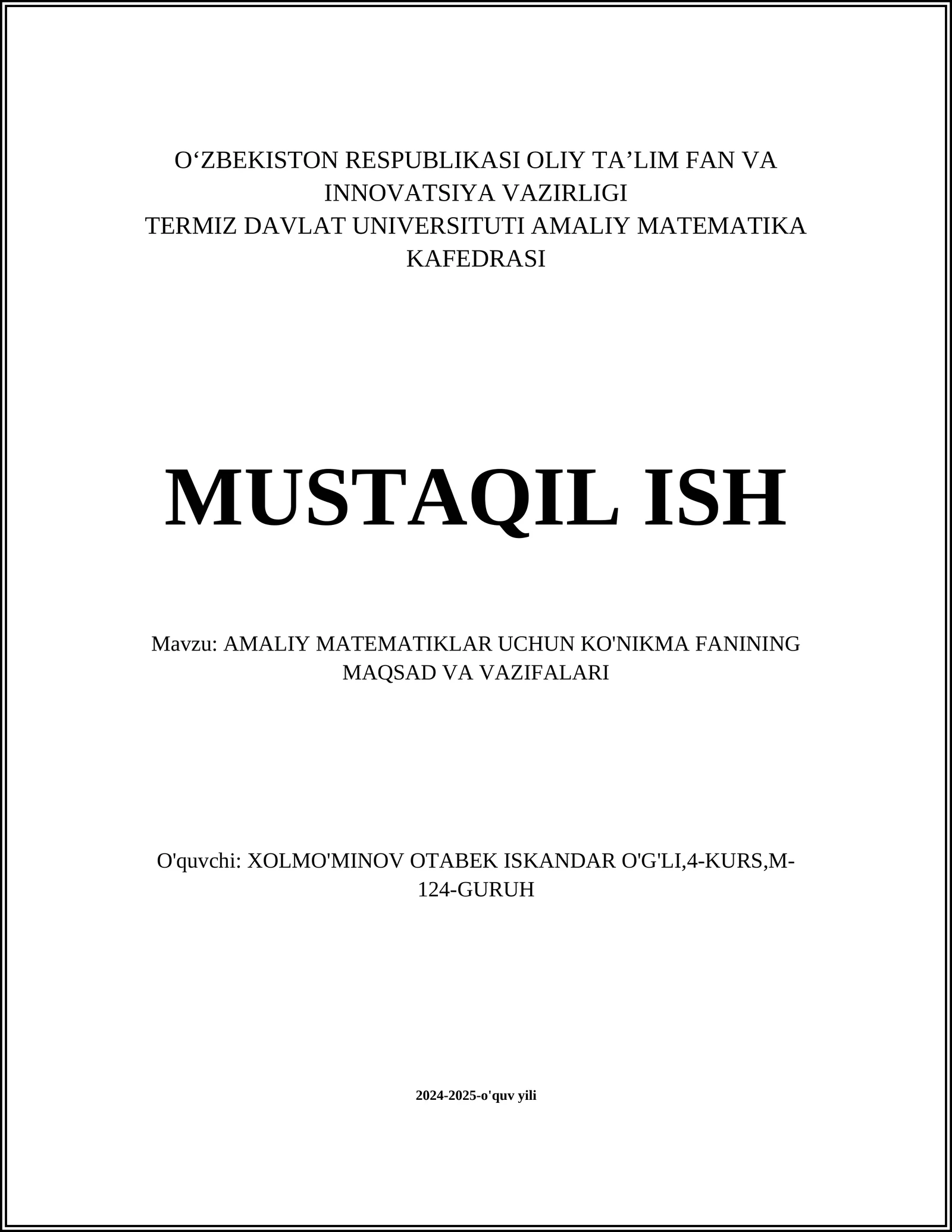 AMALIY MATEMATIKLAR UCHUN KO'NIKMA FANINING MAQSAD VA VAZIFALARI