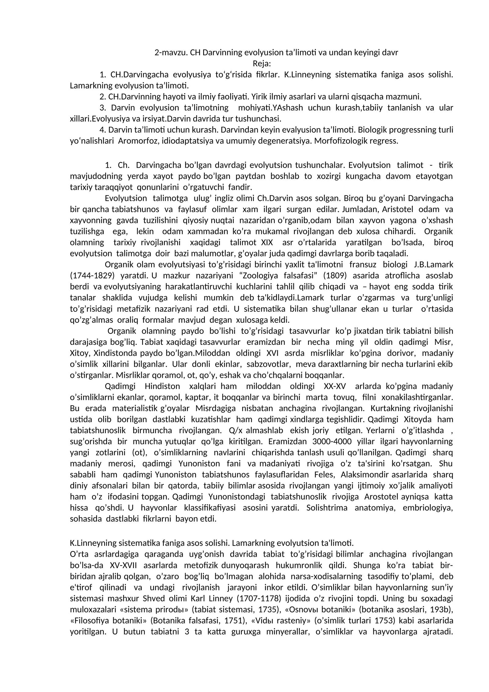 CH Darvinning evolyusion ta'limoti va undan keyingi davr