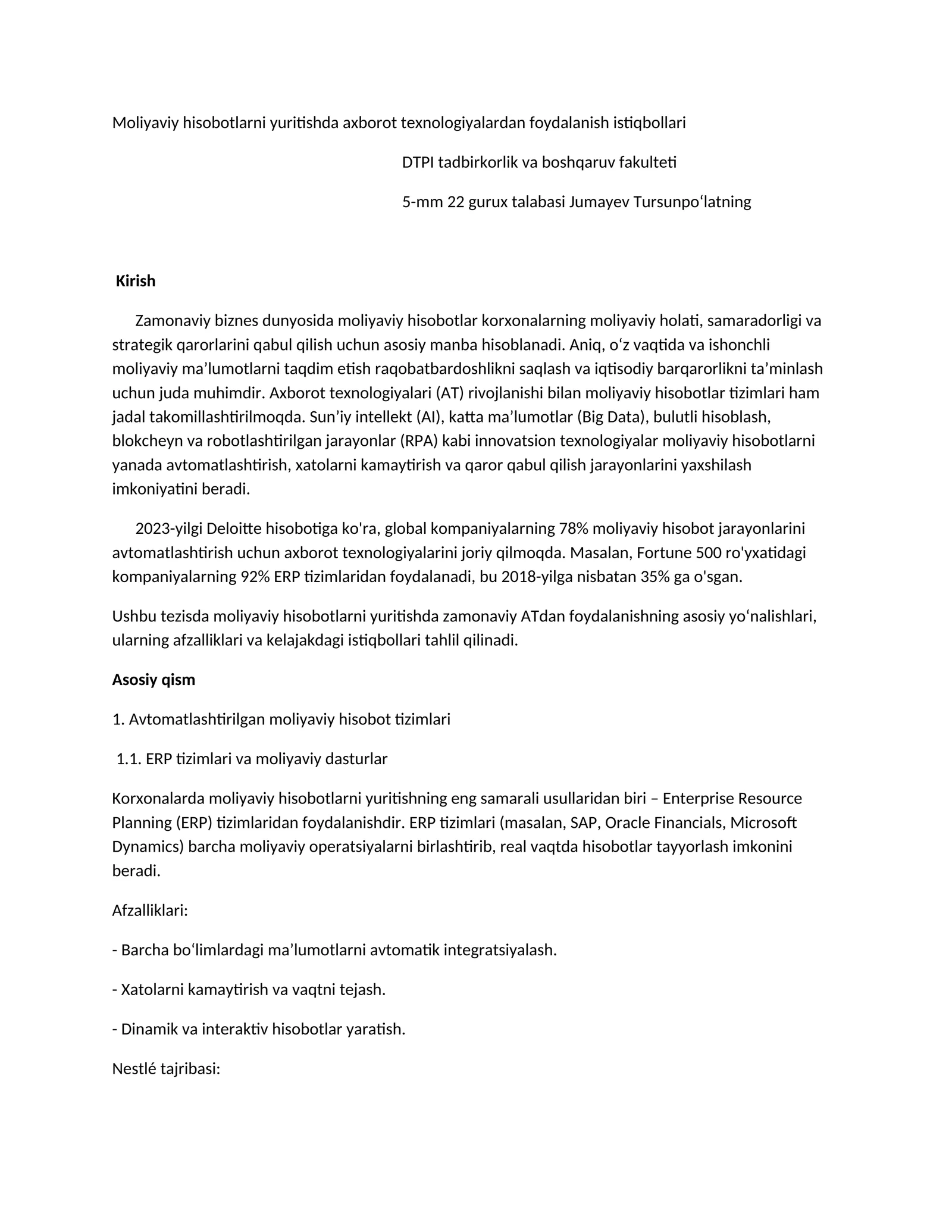 Moliyaviy hisobotlarni yuritishda axborot texnologiyalaridan foydalanish istiqbollari