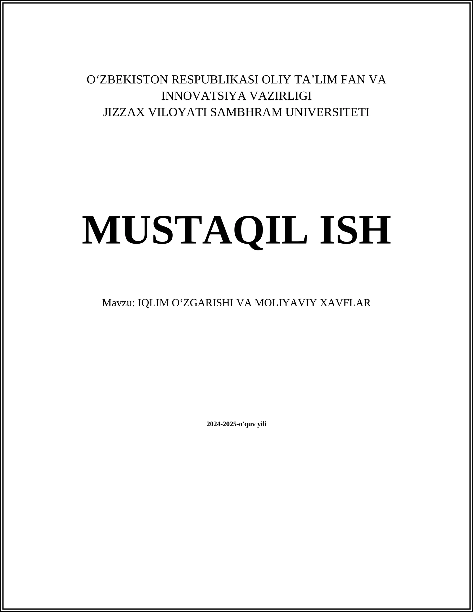 IQLIM OʻZGARISHI VA MOLIYAVIY XAVFLAR