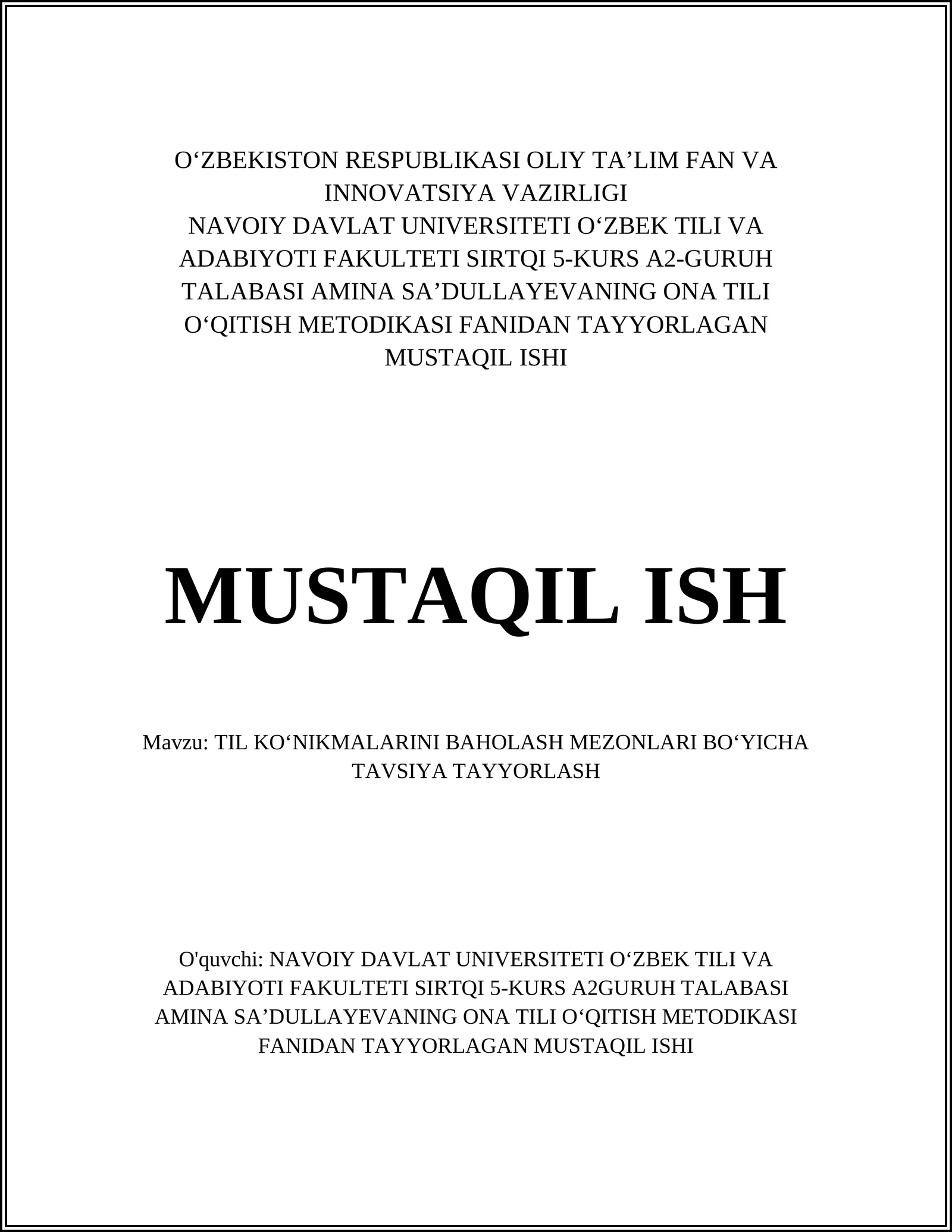 ONA TILI OʻQITISH METODIKASI FANIDAN TAYYORLAGAN MUSTAQIL ISHI