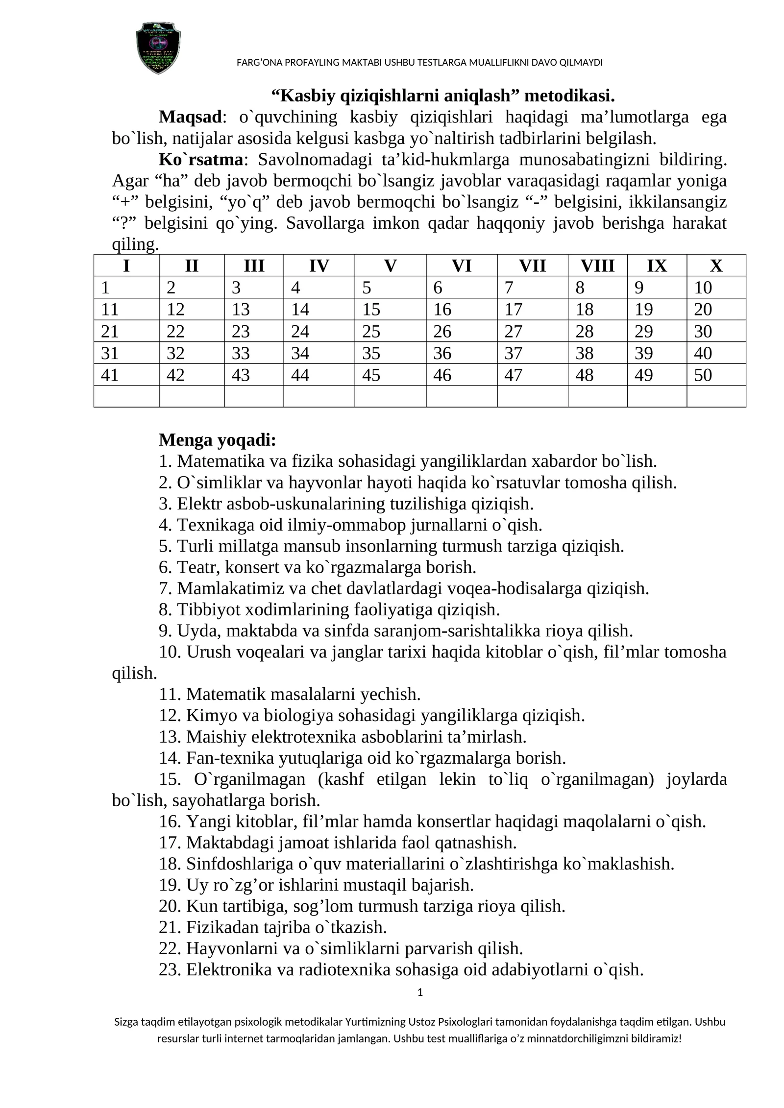 Kasbiy qiziqishlarni aniqlash metodikasi