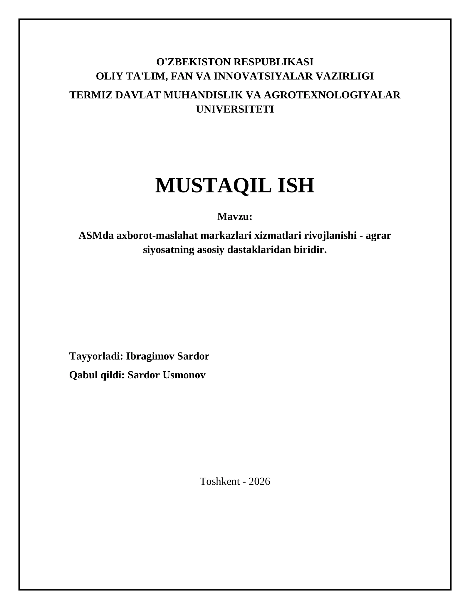 ASMda axborot-maslahat markazlari xizmatlari rivojlanishi - agrar siyosatning asosiy dastaklaridan biridir