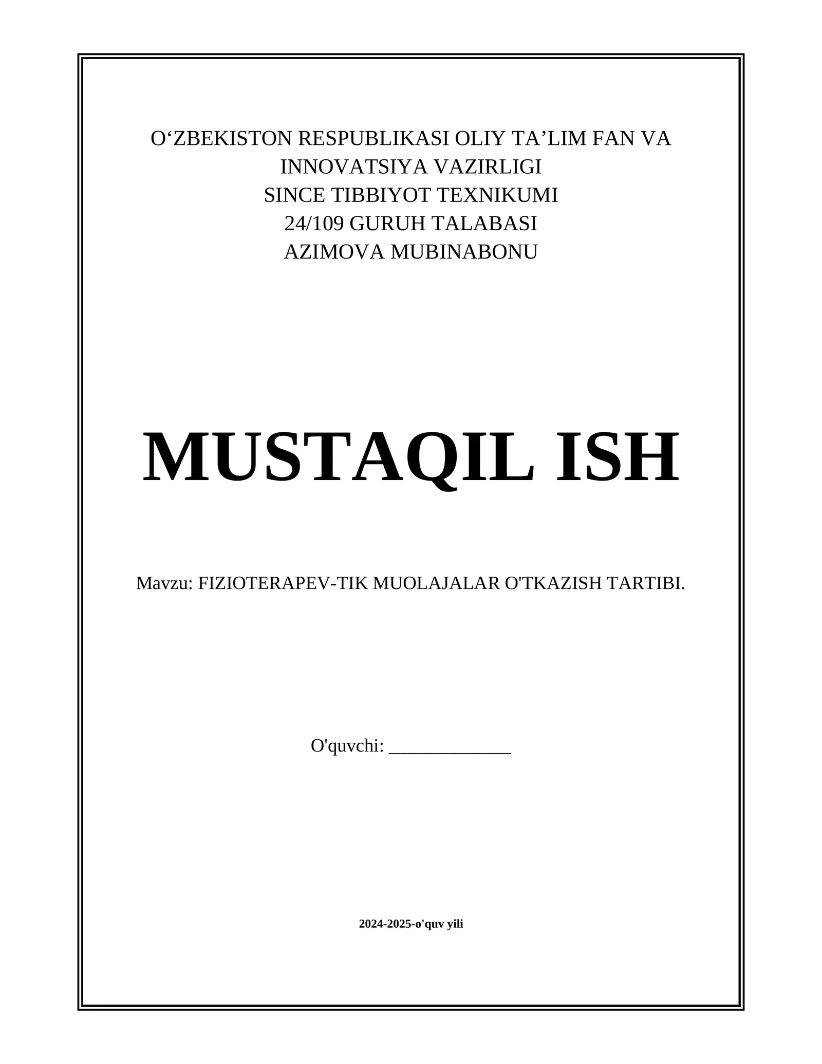 FIZIOTERAPEV-TIK MUOLAJALAR O'TKAZISH TARTIBI