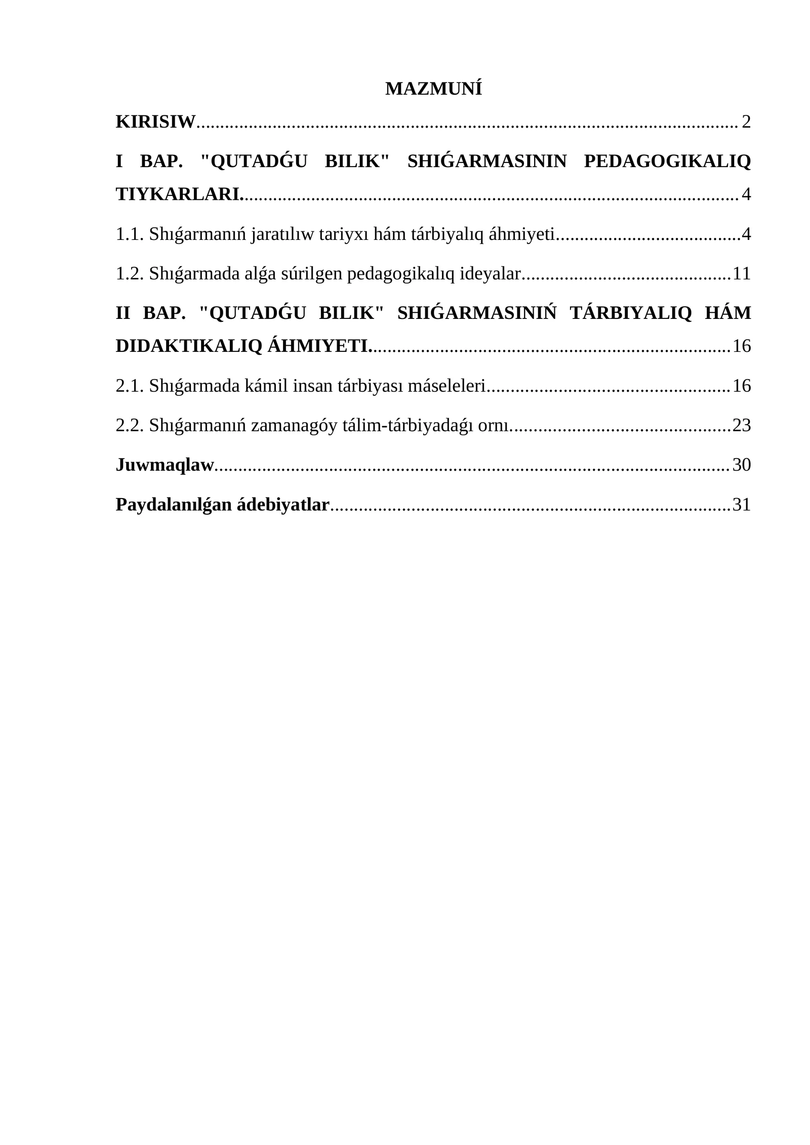 "QutadǴu Bilik" shiǴarmasinin pedagogika tiykarlari
