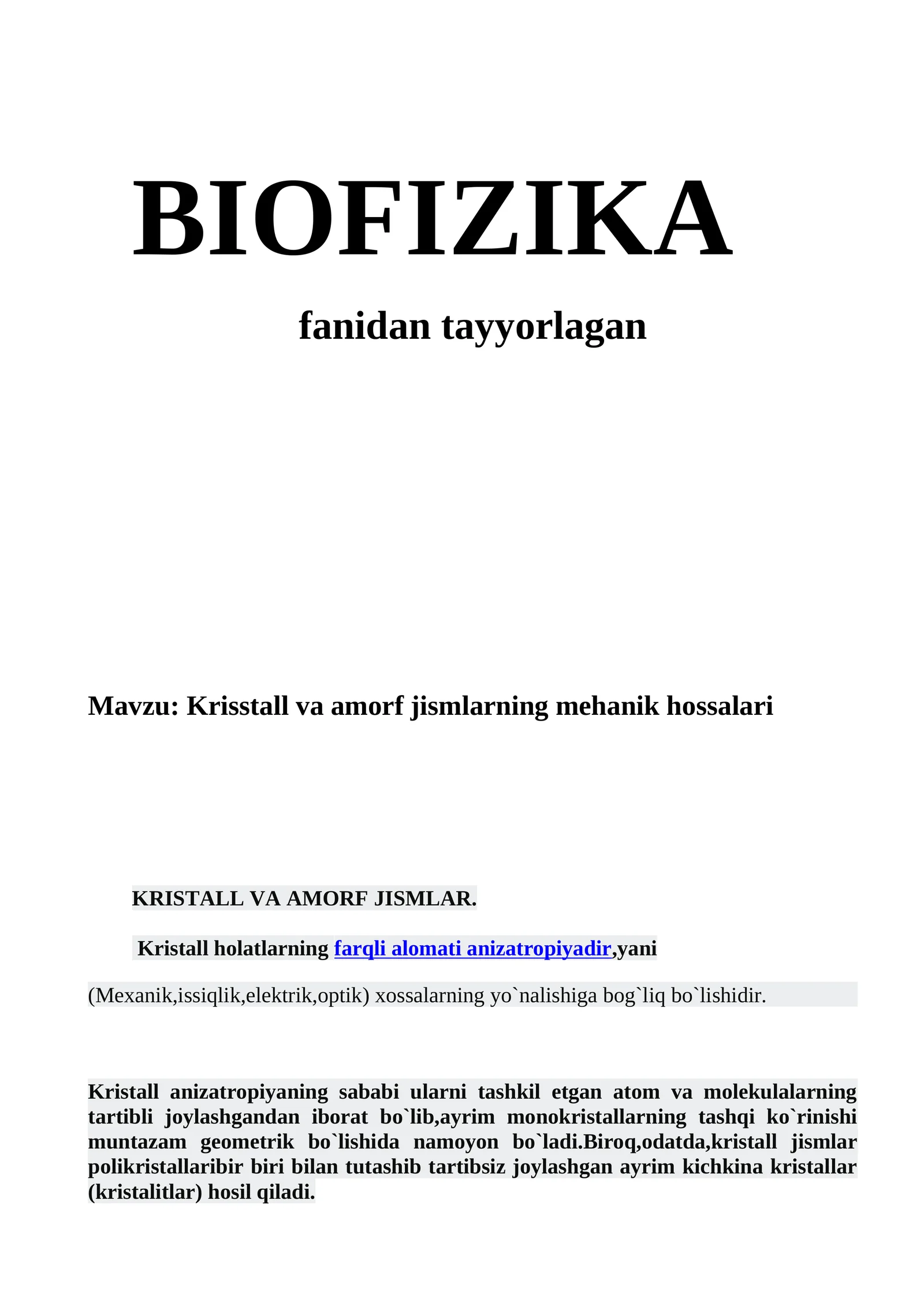 Krisstall va amorf jismlarning mehanik hossalari