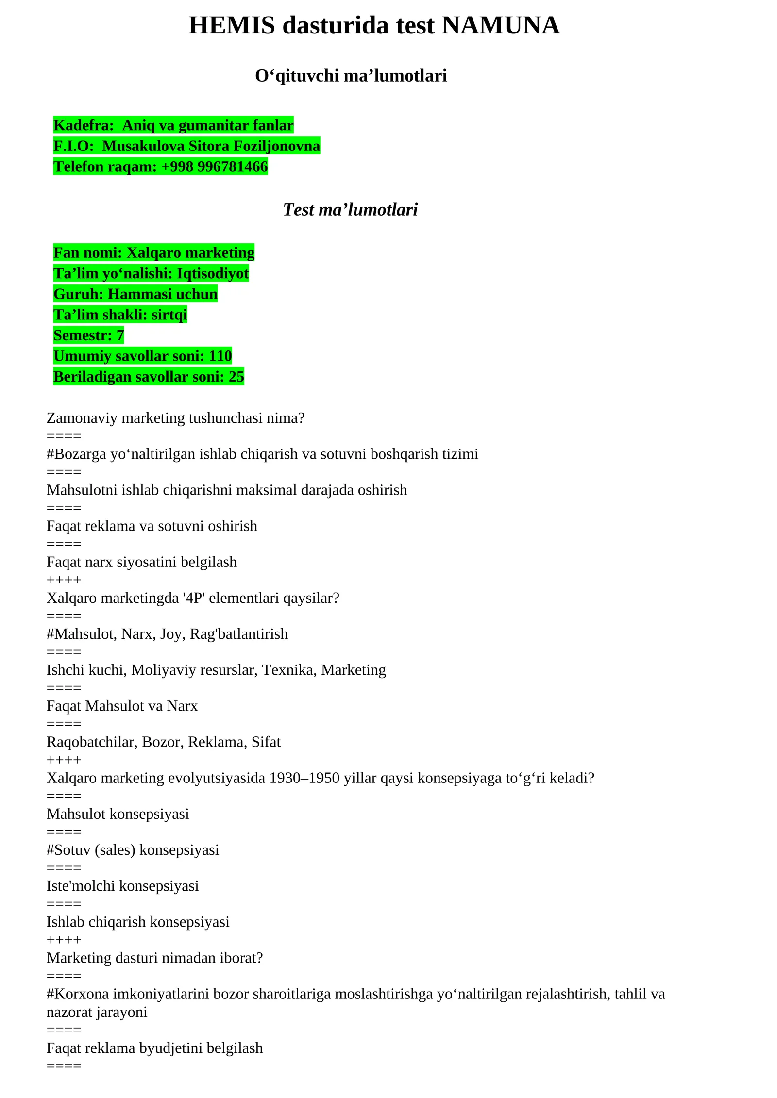 HEMIS dasturida test NAMUNA