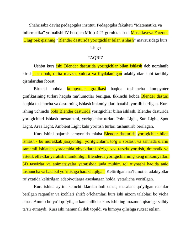 Blender dasturida yoritgichlar bilan ishlash