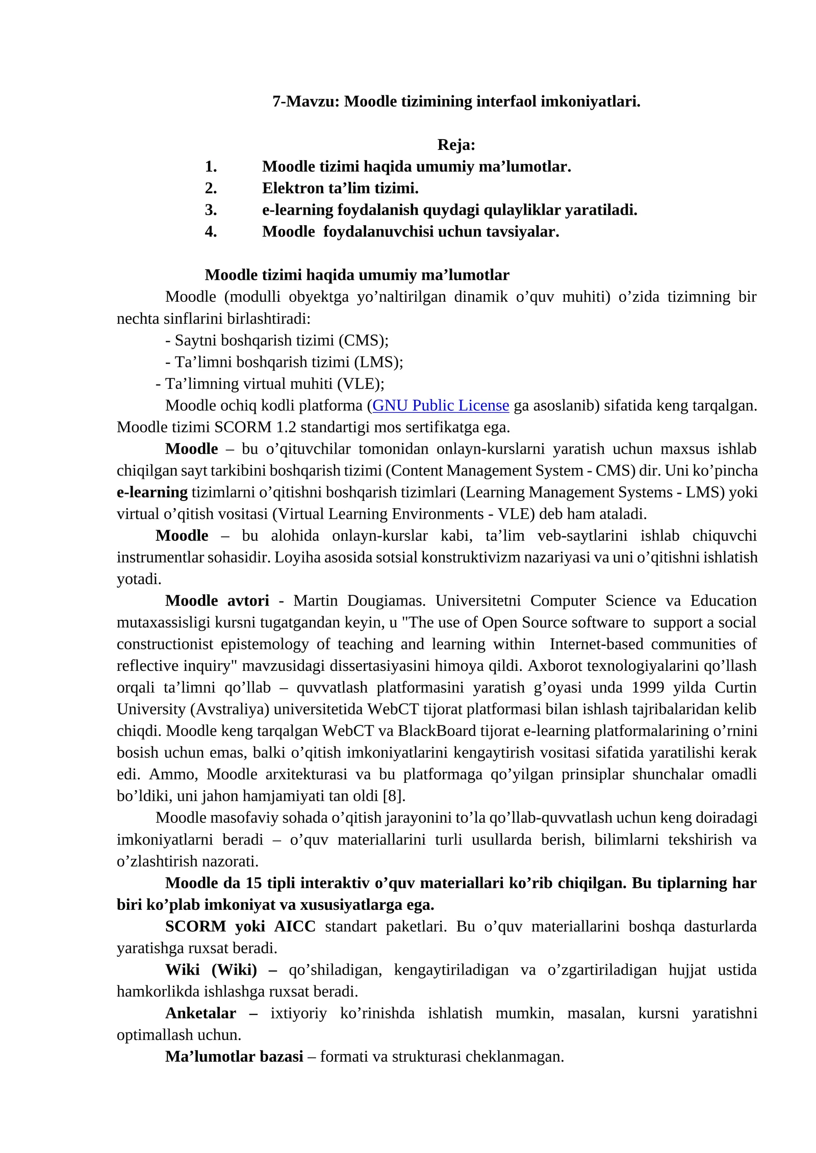 Moodle tizimining interfaol imkoniyatlari